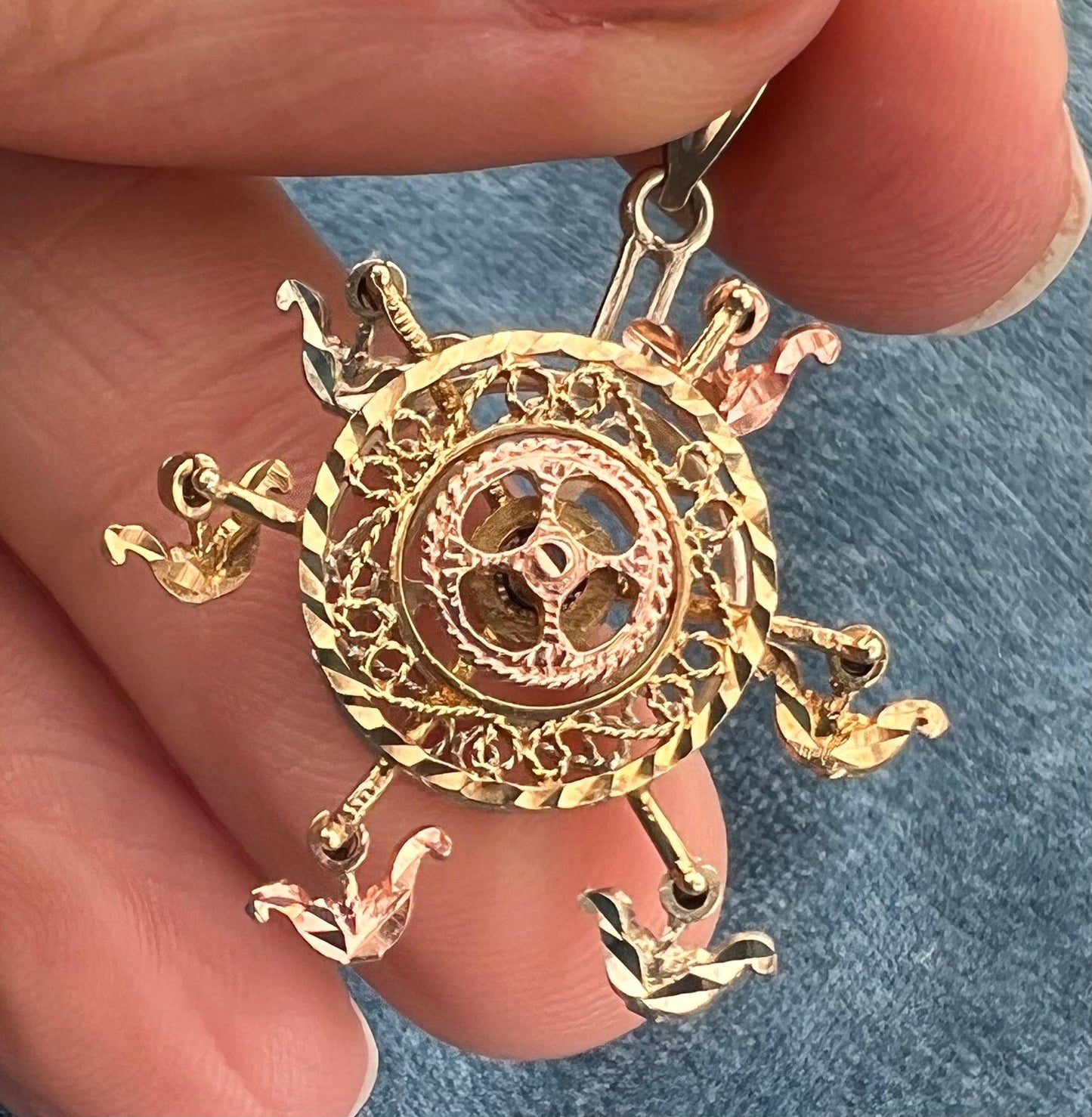 10k Tri-Color Gold Ferris Wheel Spinning Fidget Pendant. Kinetic *Video*