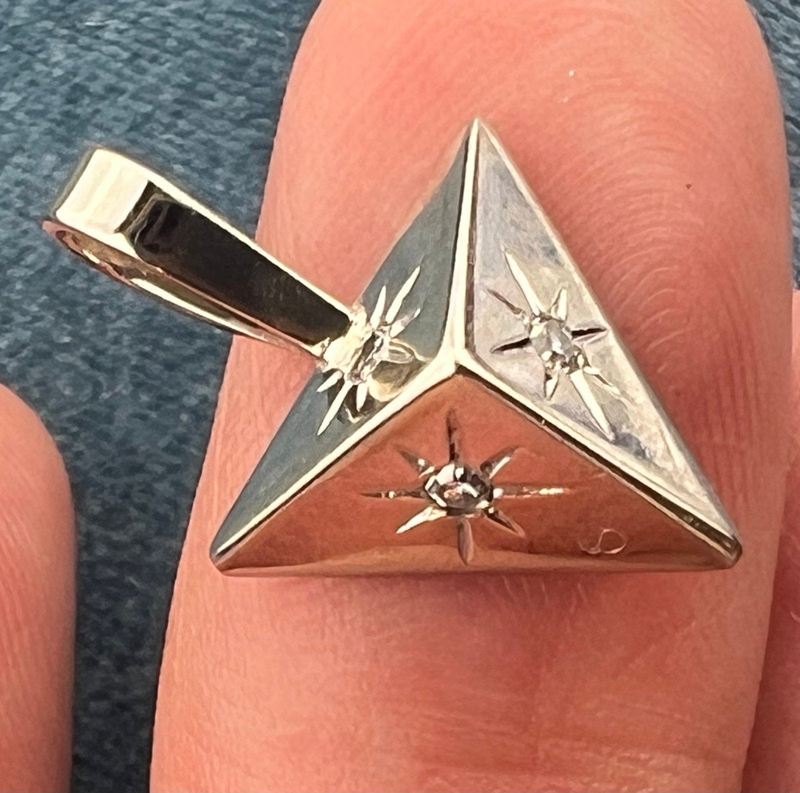 10k WG Gold Gypsy-Set Diamond Triangle Geometric Pendant. TINY! *Video*