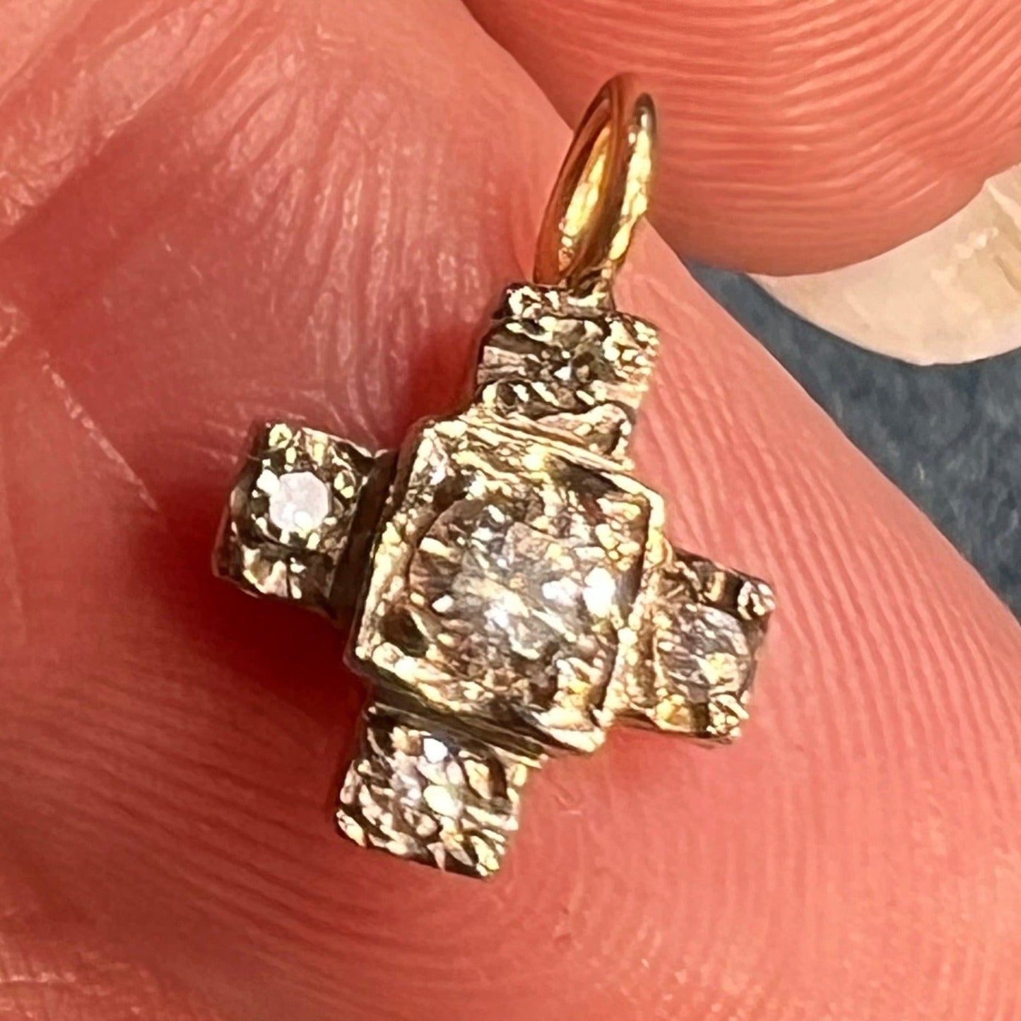 10k White Gold Antique Diamond Cross Pendant. TINY! *Video*