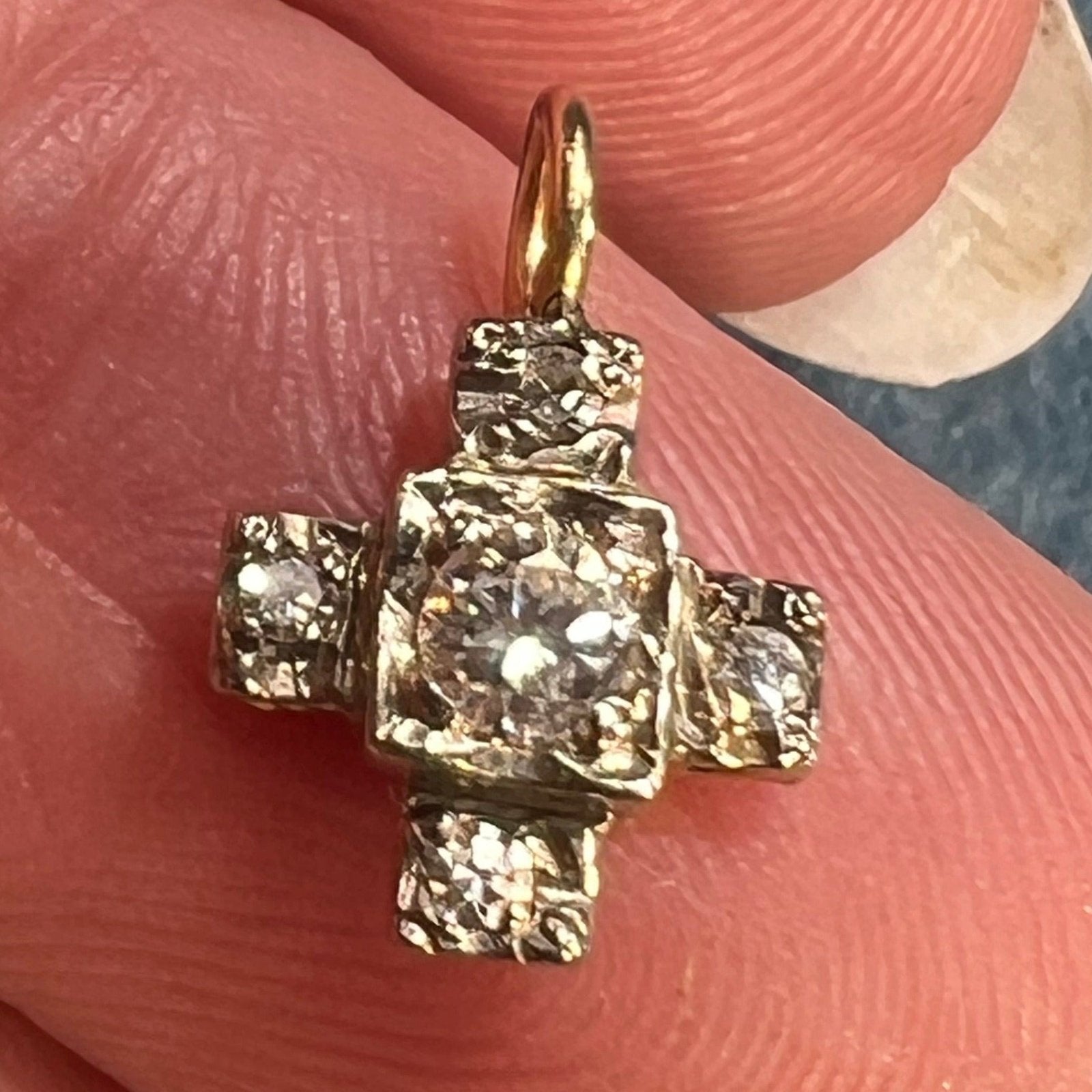 10k White Gold Antique Diamond Cross Pendant. TINY! *Video*