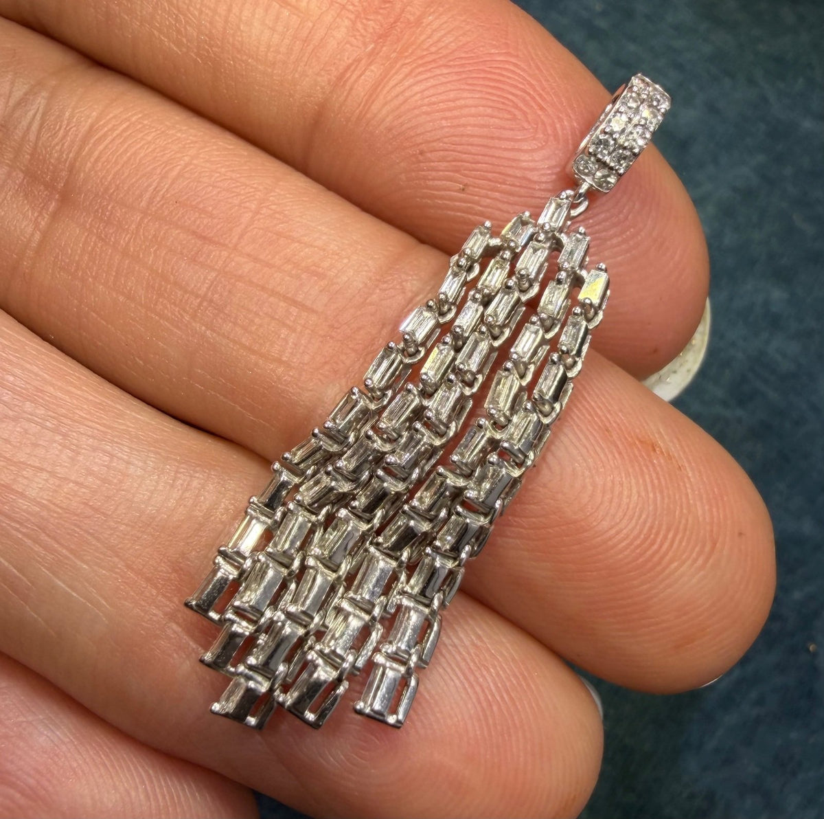10k White Gold Diamond Baguette Deco Tassel Pendant. 1.5" *Video*