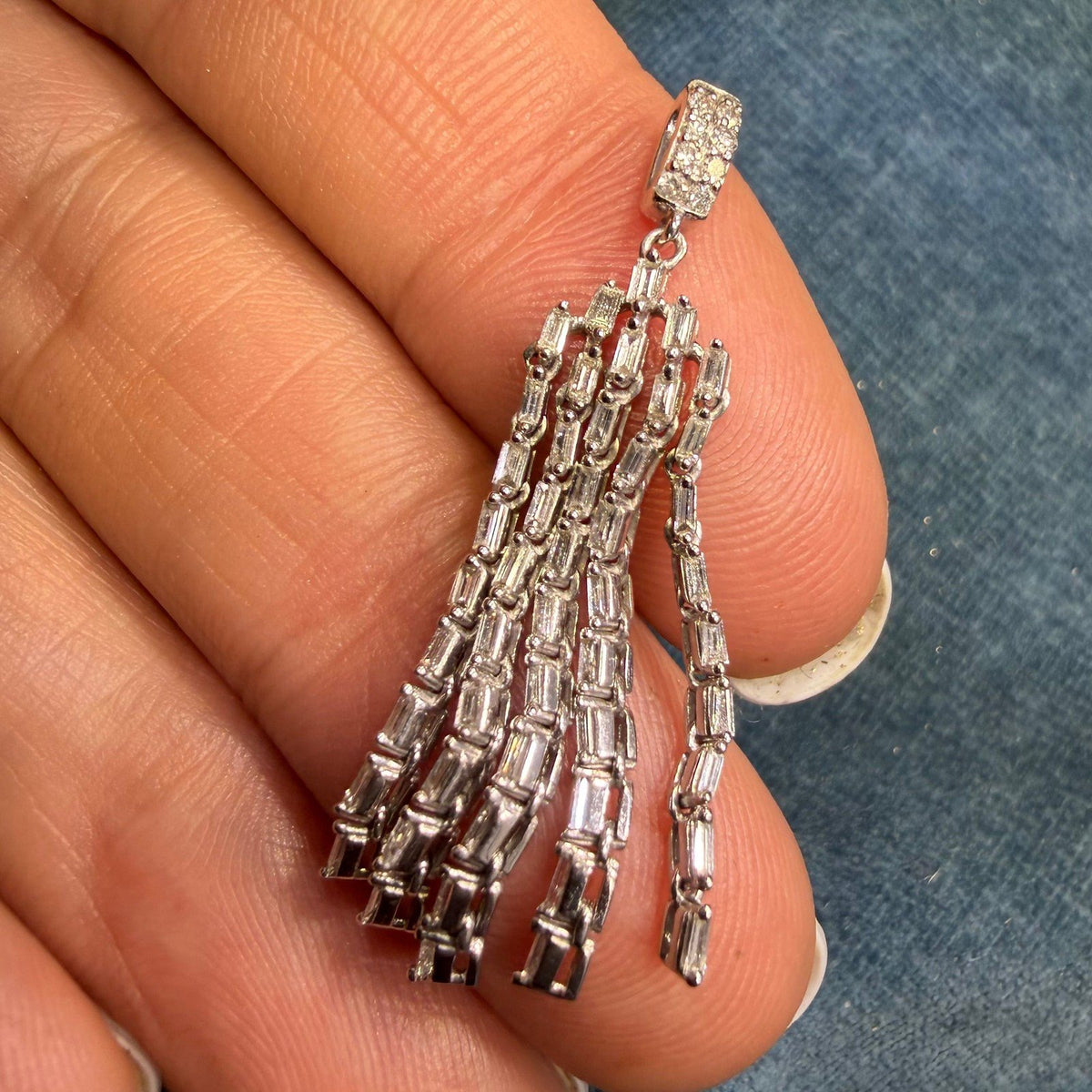 10k White Gold Diamond Baguette Deco Tassel Pendant. 1.5" *Video*