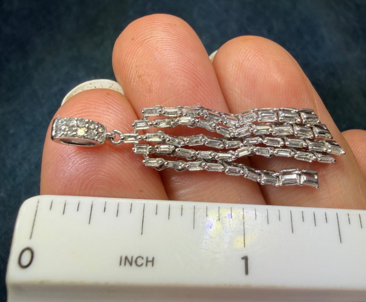 10k White Gold Diamond Baguette Deco Tassel Pendant. 1.5" *Video*