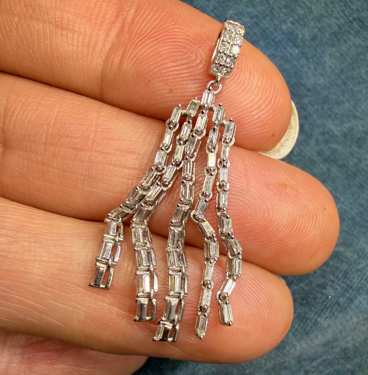 10k White Gold Diamond Baguette Deco Tassel Pendant. 1.5" *Video*
