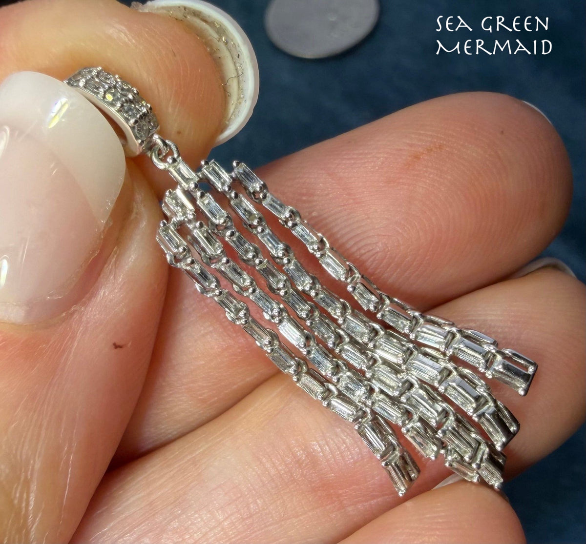 10k White Gold Diamond Baguette Deco Tassel Pendant. 1.5" *Video*