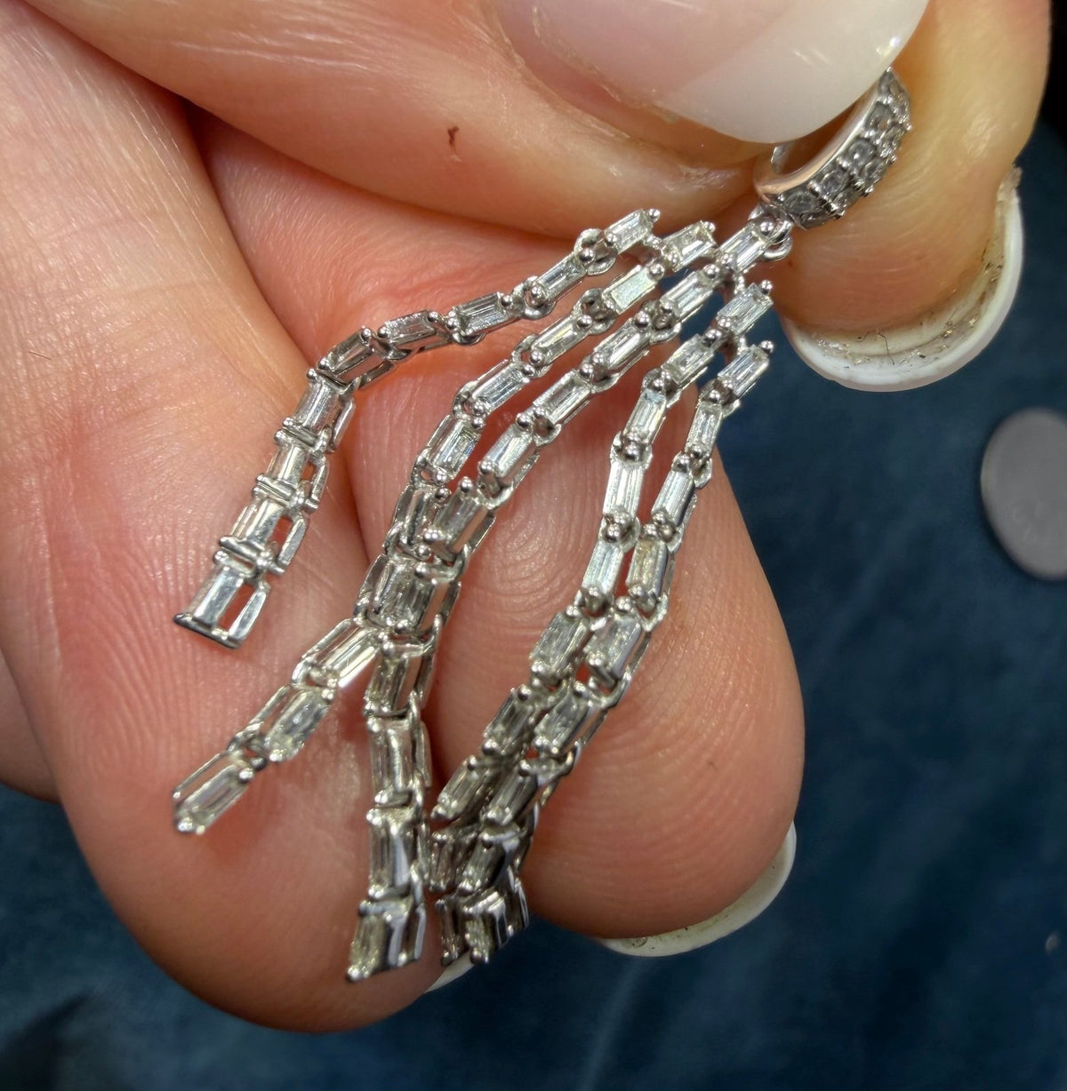 10k White Gold Diamond Baguette Deco Tassel Pendant. 1.5" *Video*