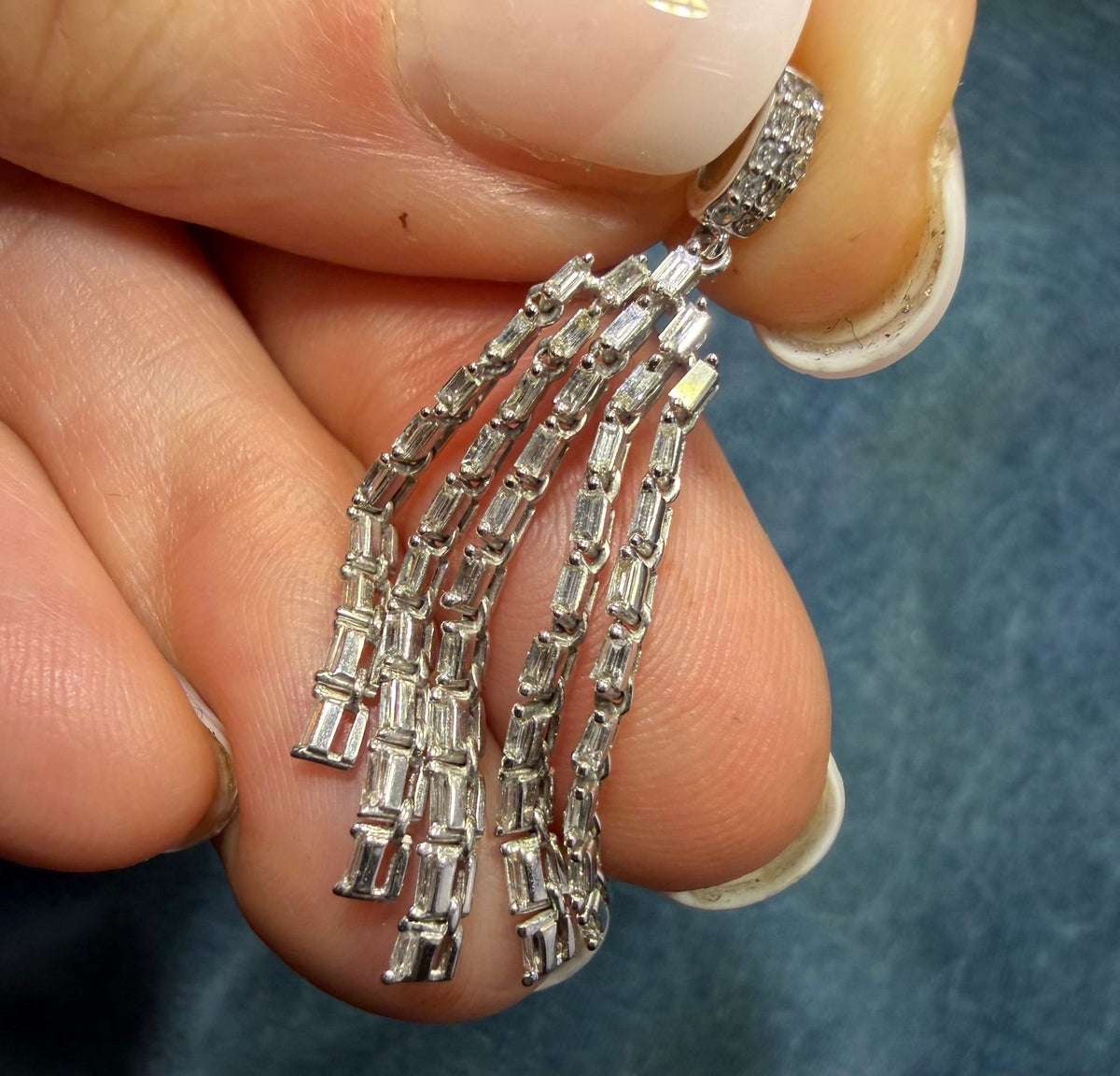 10k White Gold Diamond Baguette Deco Tassel Pendant. 1.5" *Video*