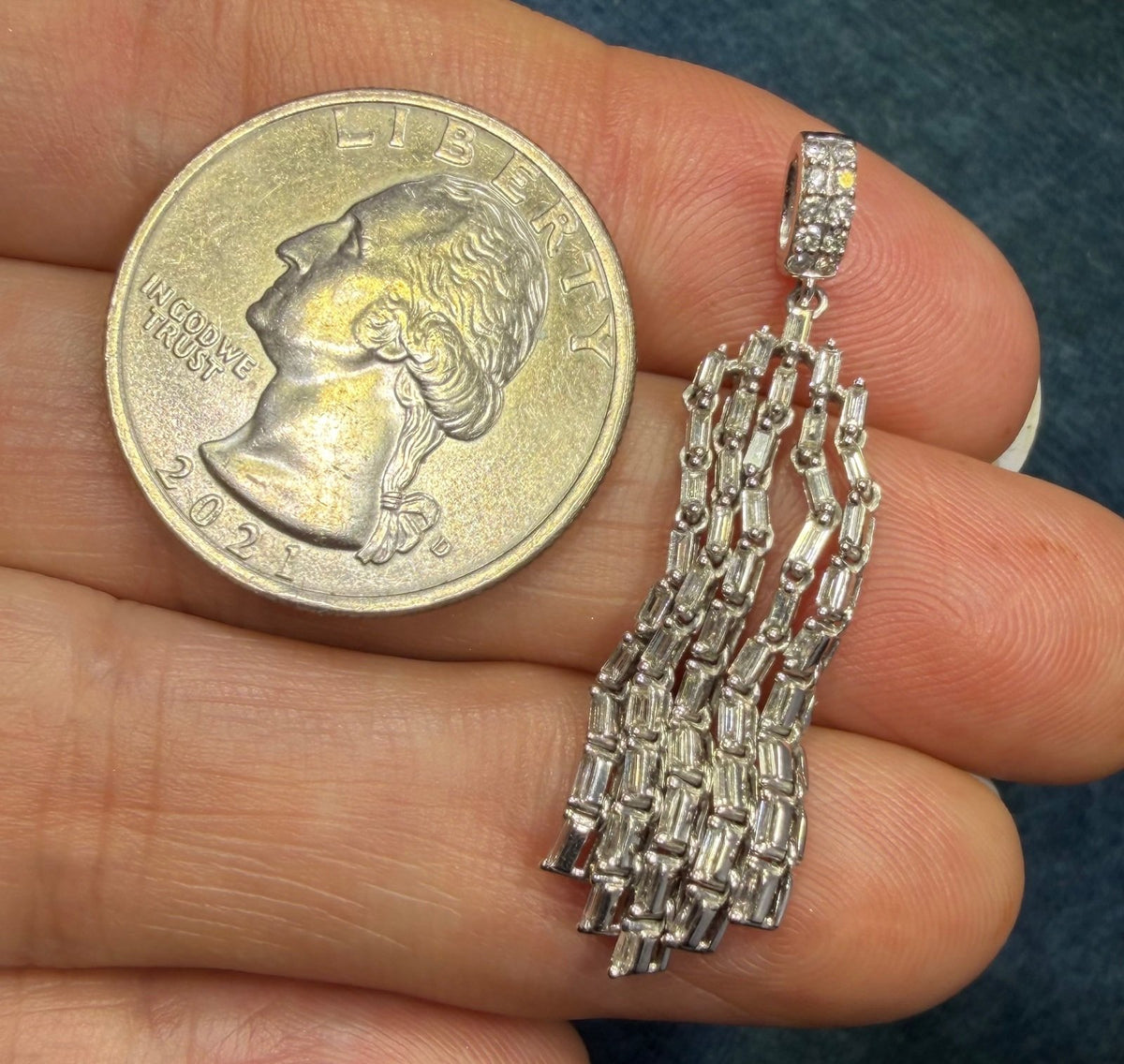 10k White Gold Diamond Baguette Deco Tassel Pendant. 1.5" *Video*