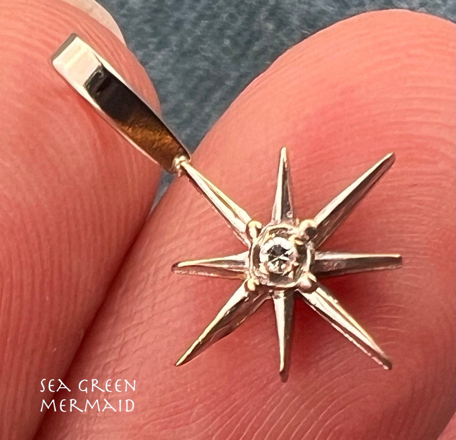 10k White Gold Diamond North Star Starburst Pendant. Tiny!