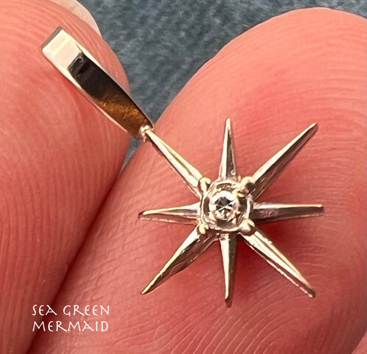 10k White Gold Diamond North Star Starburst Pendant. Tiny!