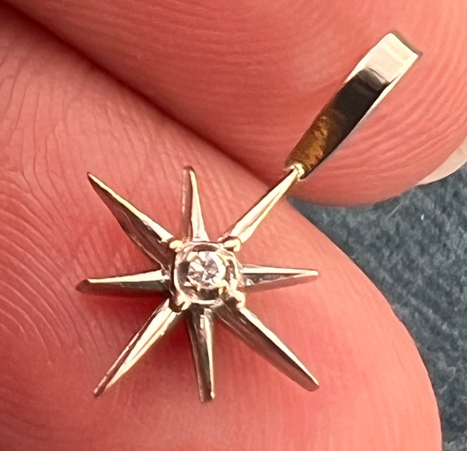 10k White Gold Diamond North Star Starburst Pendant. Tiny!