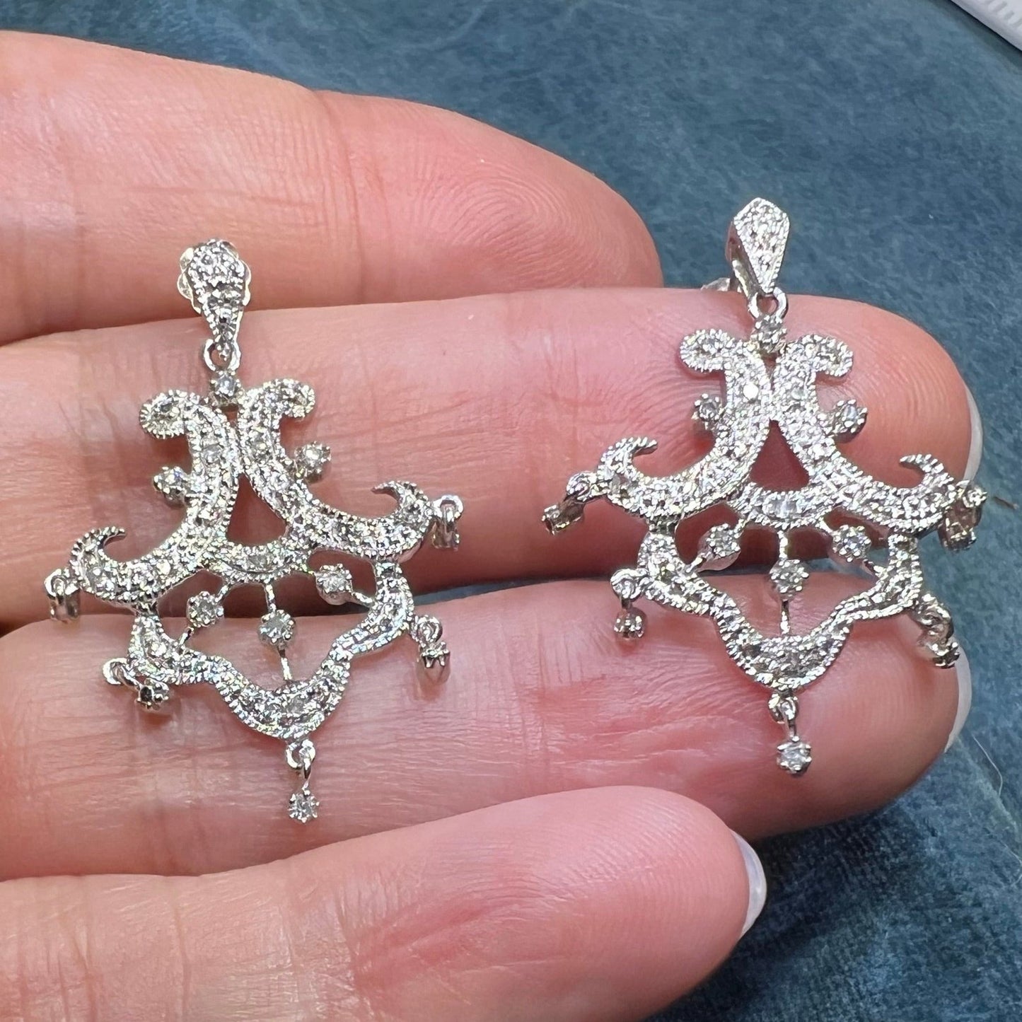 10k White Gold Diamond Tiered Chandelier Festive Earrings. 1.25"