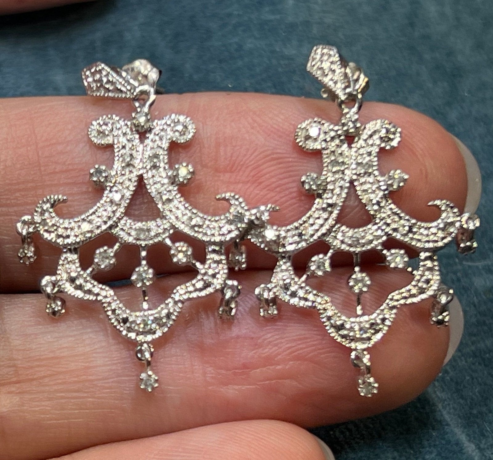 10k White Gold Diamond Tiered Chandelier Festive Earrings. 1.25"