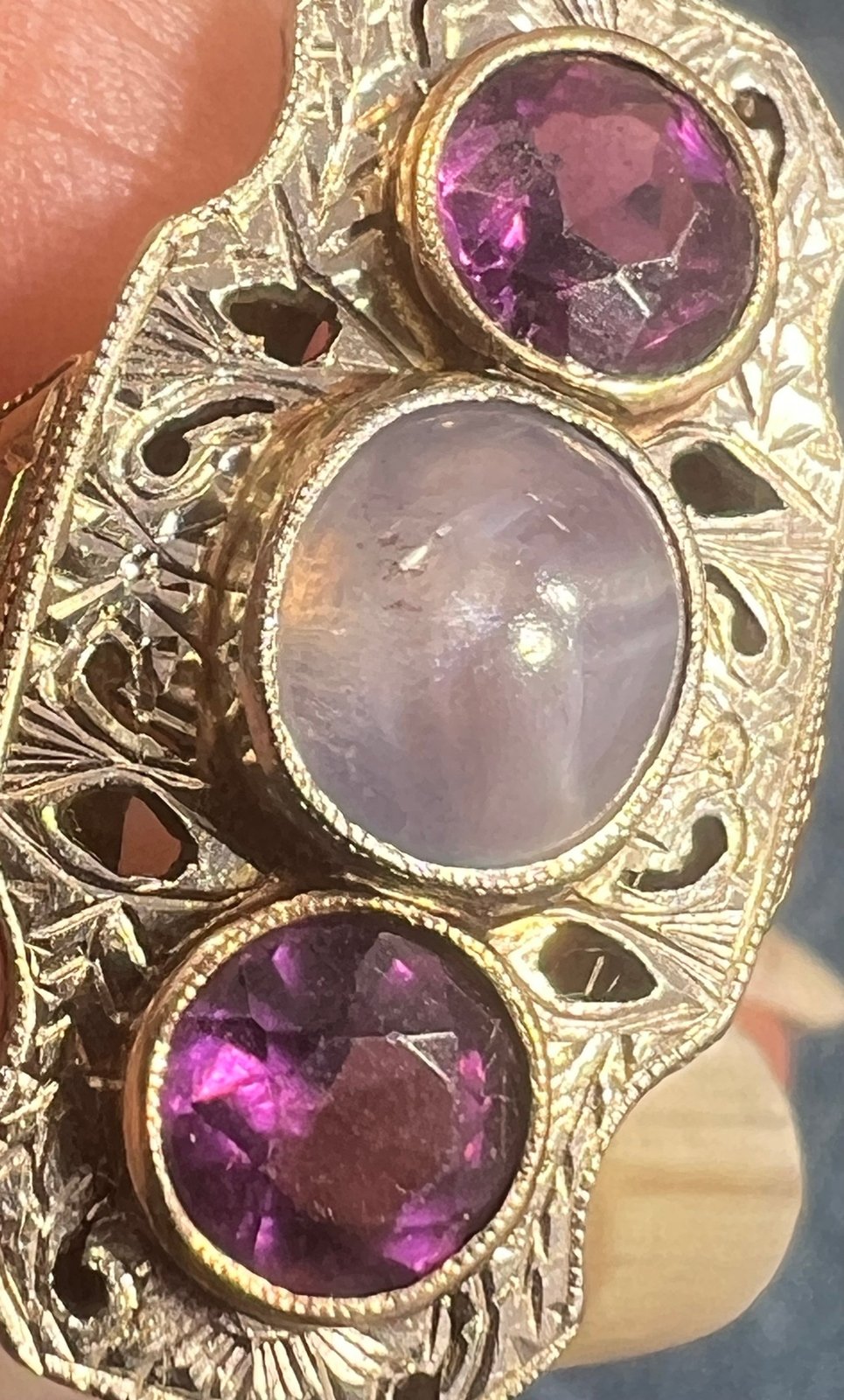 10k White Gold Lavender Gray Star Sapphire Shield Art Deco Ring *Video*