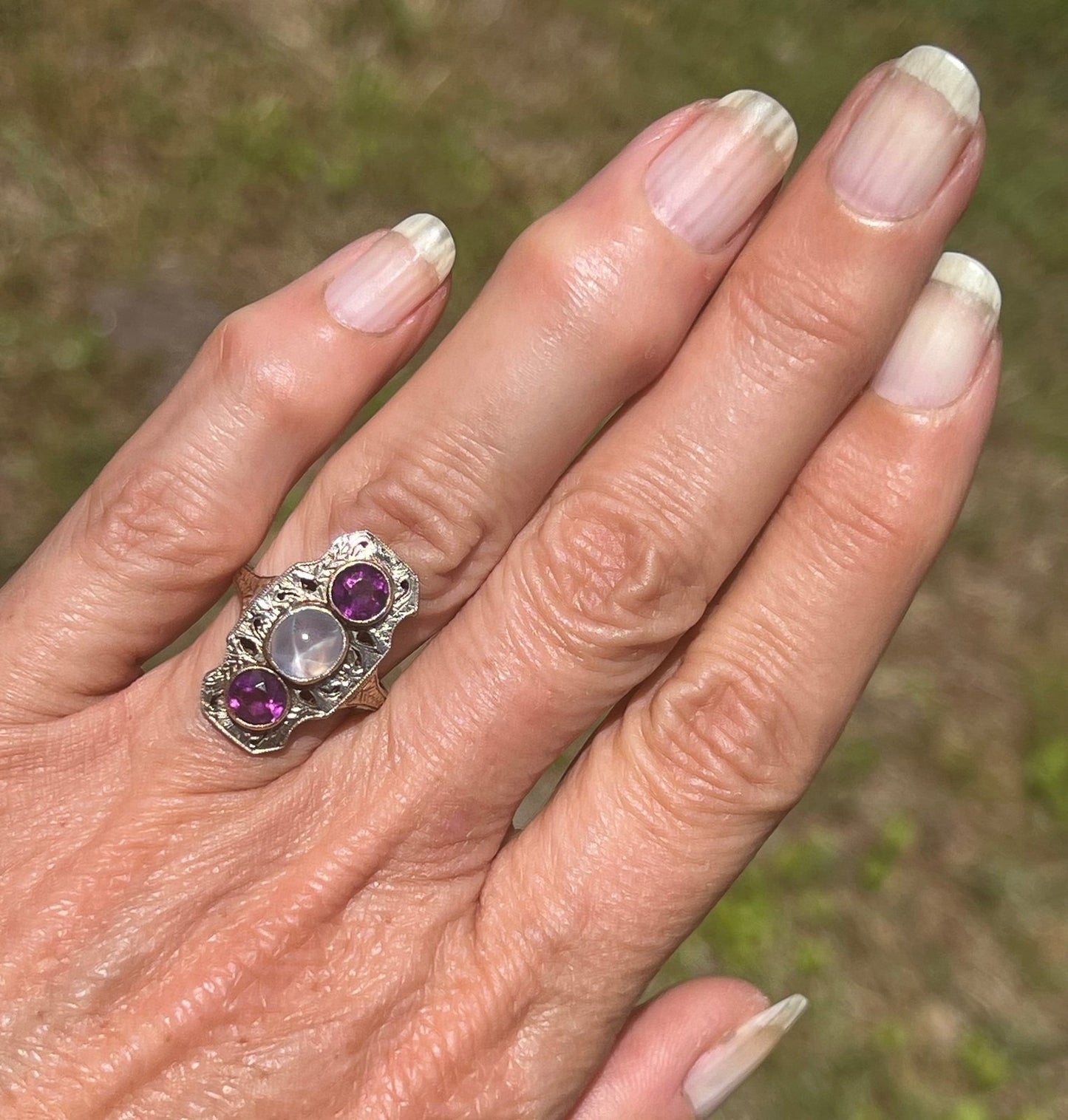 10k White Gold Lavender Gray Star Sapphire Shield Art Deco Ring *Video*