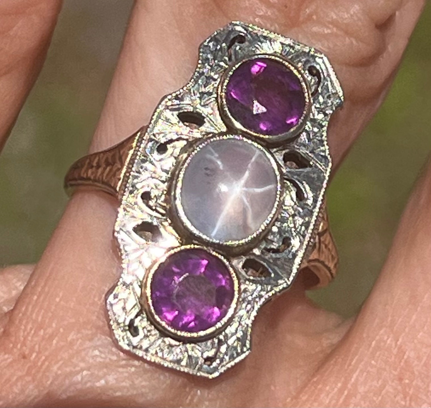 10k White Gold Lavender Gray Star Sapphire Shield Art Deco Ring *Video*