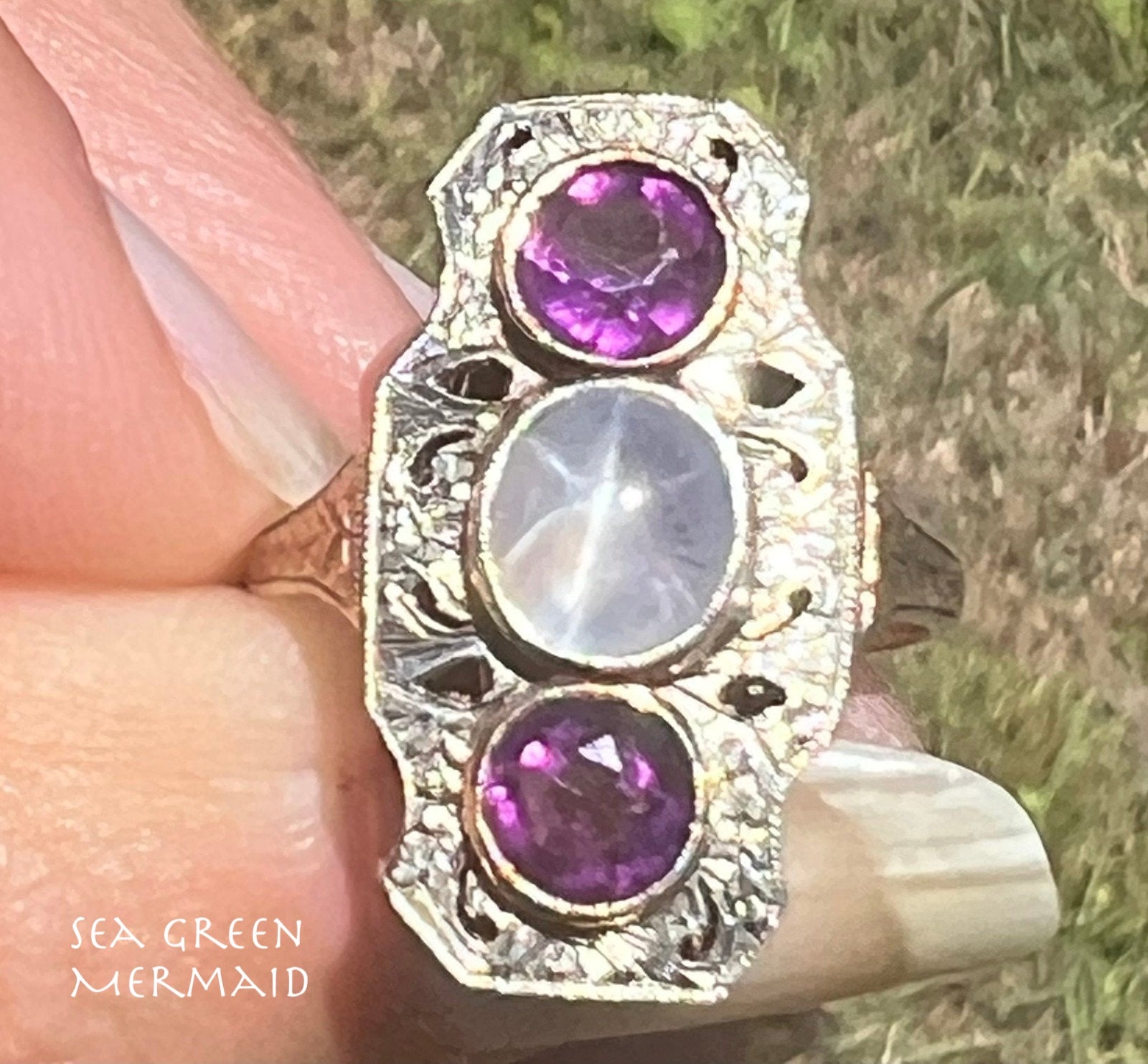 10k White Gold Lavender Gray Star Sapphire Shield Art Deco Ring *Video*