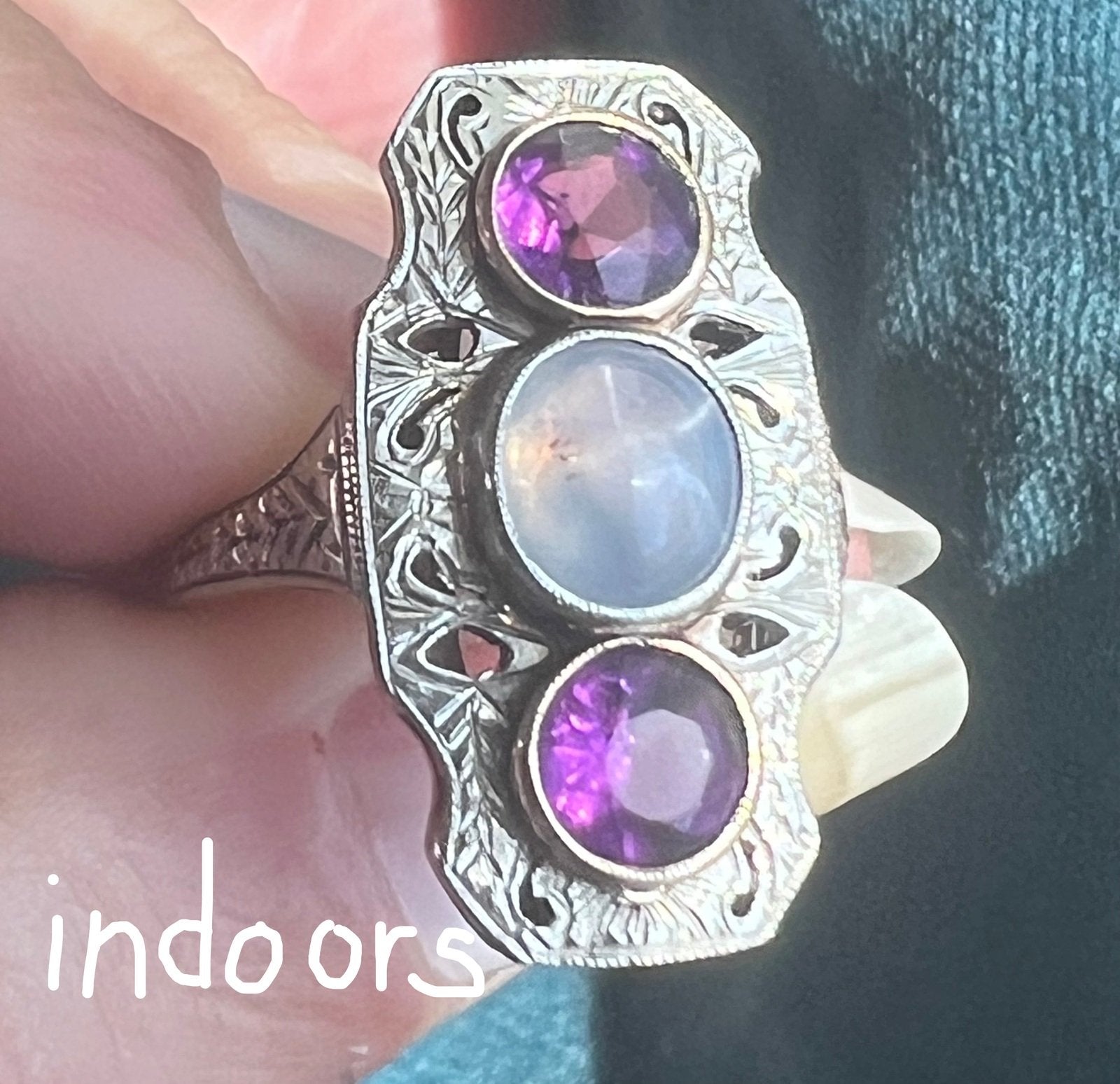 10k White Gold Lavender Gray Star Sapphire Shield Art Deco Ring *Video*