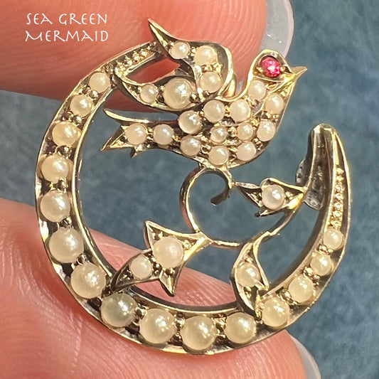 10k White Gold Pearl Crescent Moon + Sparrow Bird Pendant. Ruby