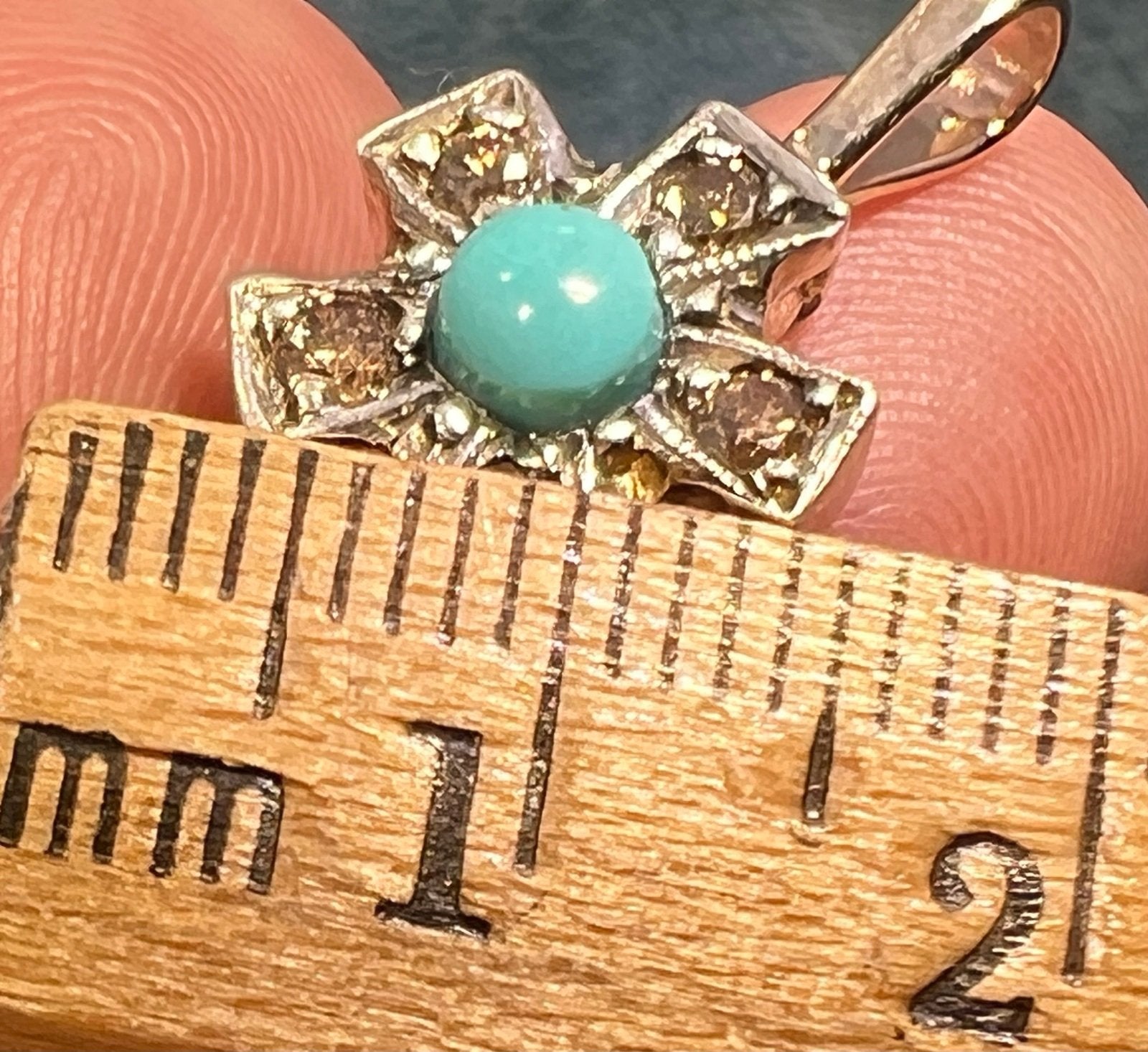 10k White Gold Turquoise Daisy Flower Pendant w Rose-Cut Fancy Diamonds