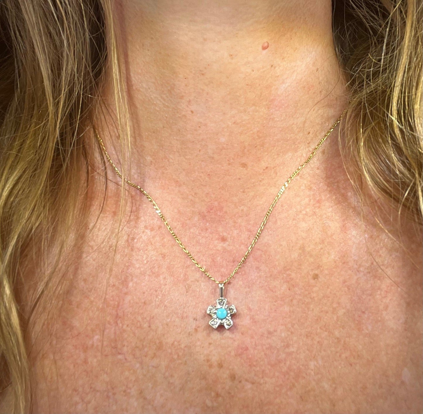 10k White Gold Turquoise Daisy Flower Pendant w Rose-Cut Fancy Diamonds