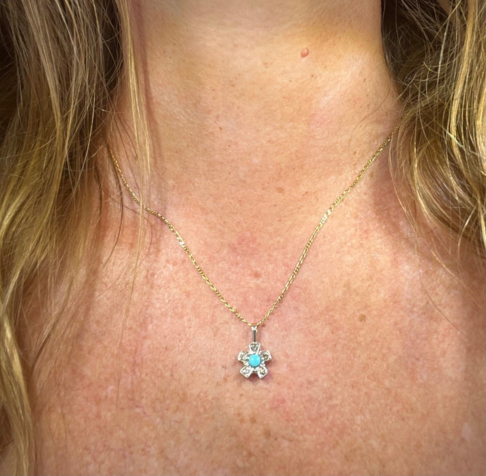10k White Gold Turquoise Daisy Flower Pendant w Rose-Cut Fancy Diamonds