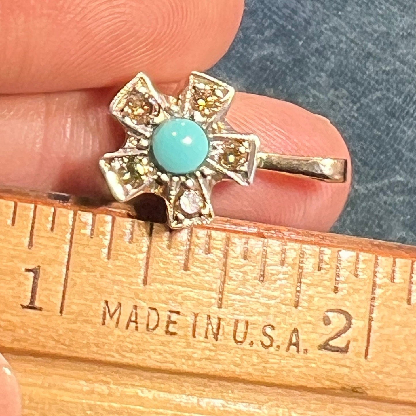 10k White Gold Turquoise Daisy Flower Pendant w Rose-Cut Fancy Diamonds