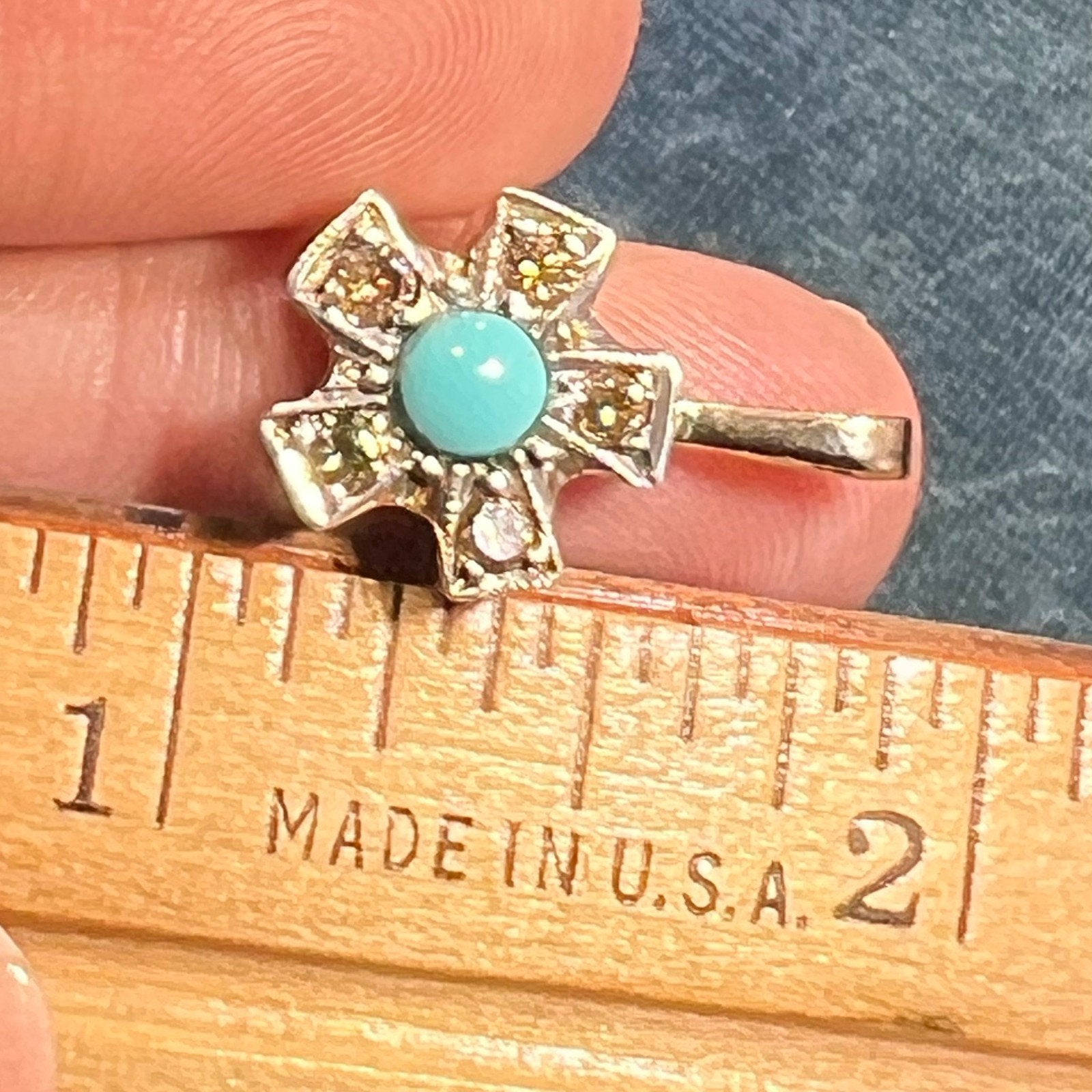 10k White Gold Turquoise Daisy Flower Pendant w Rose-Cut Fancy Diamonds