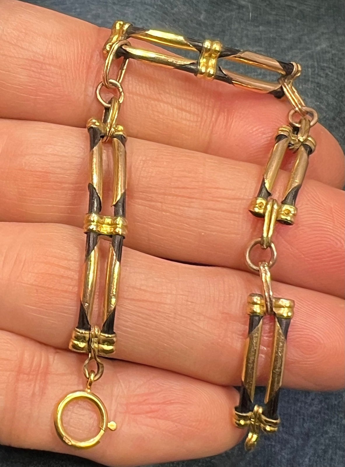 10k Yellow Gold 2 Row Black Leather Bracelet. Antique
