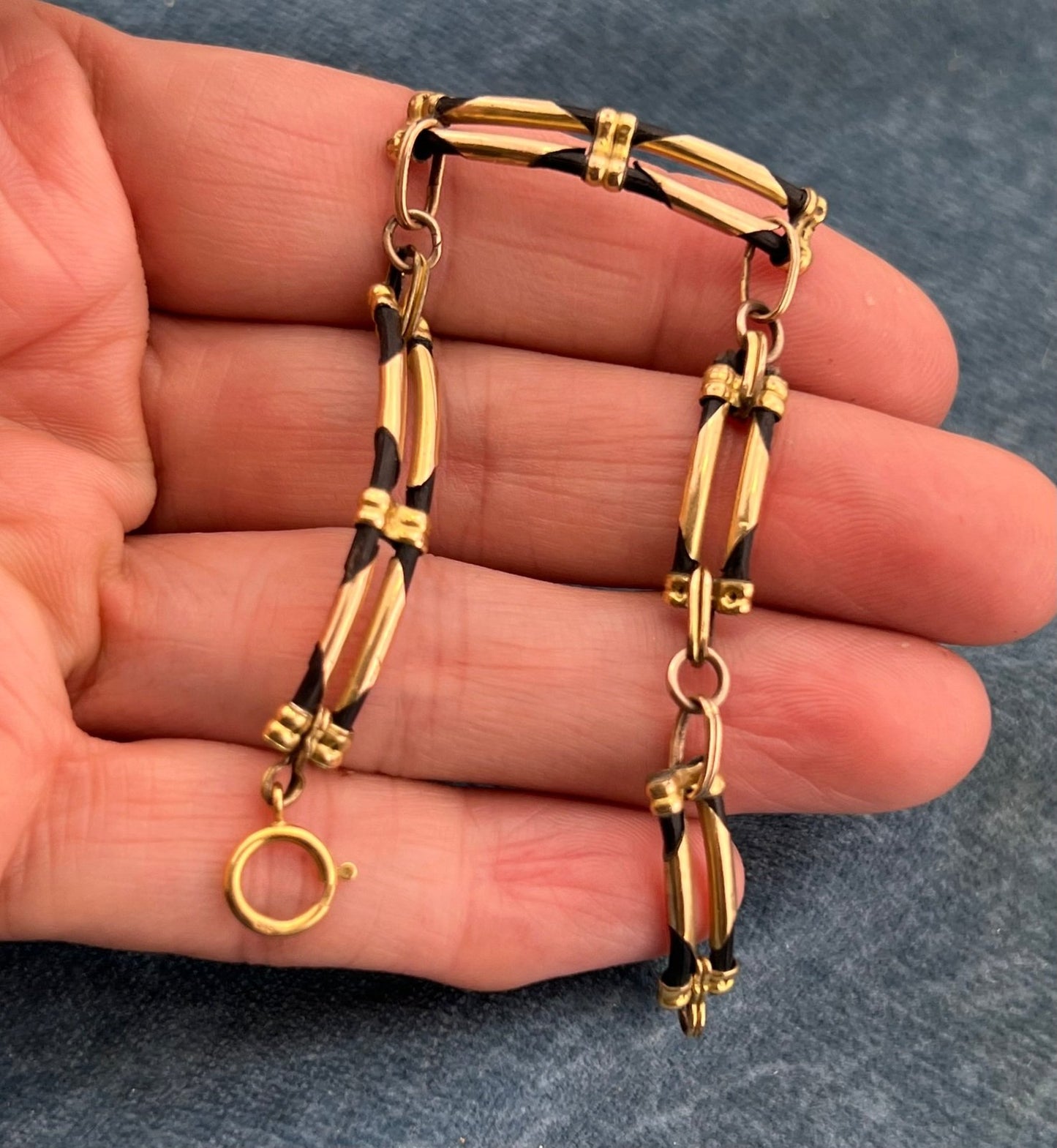 10k Yellow Gold 2 Row Black Leather Bracelet. Antique