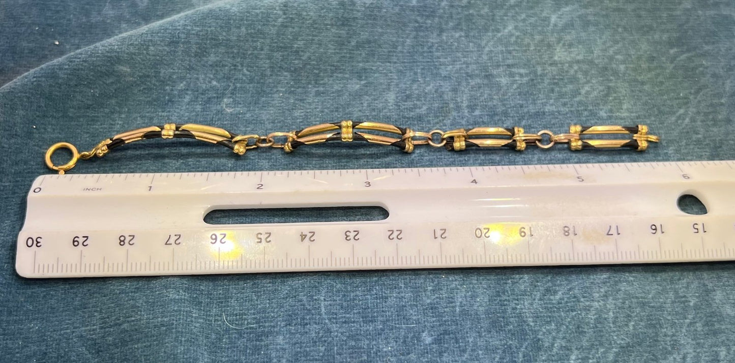 10k Yellow Gold 2 Row Black Leather Bracelet. Antique