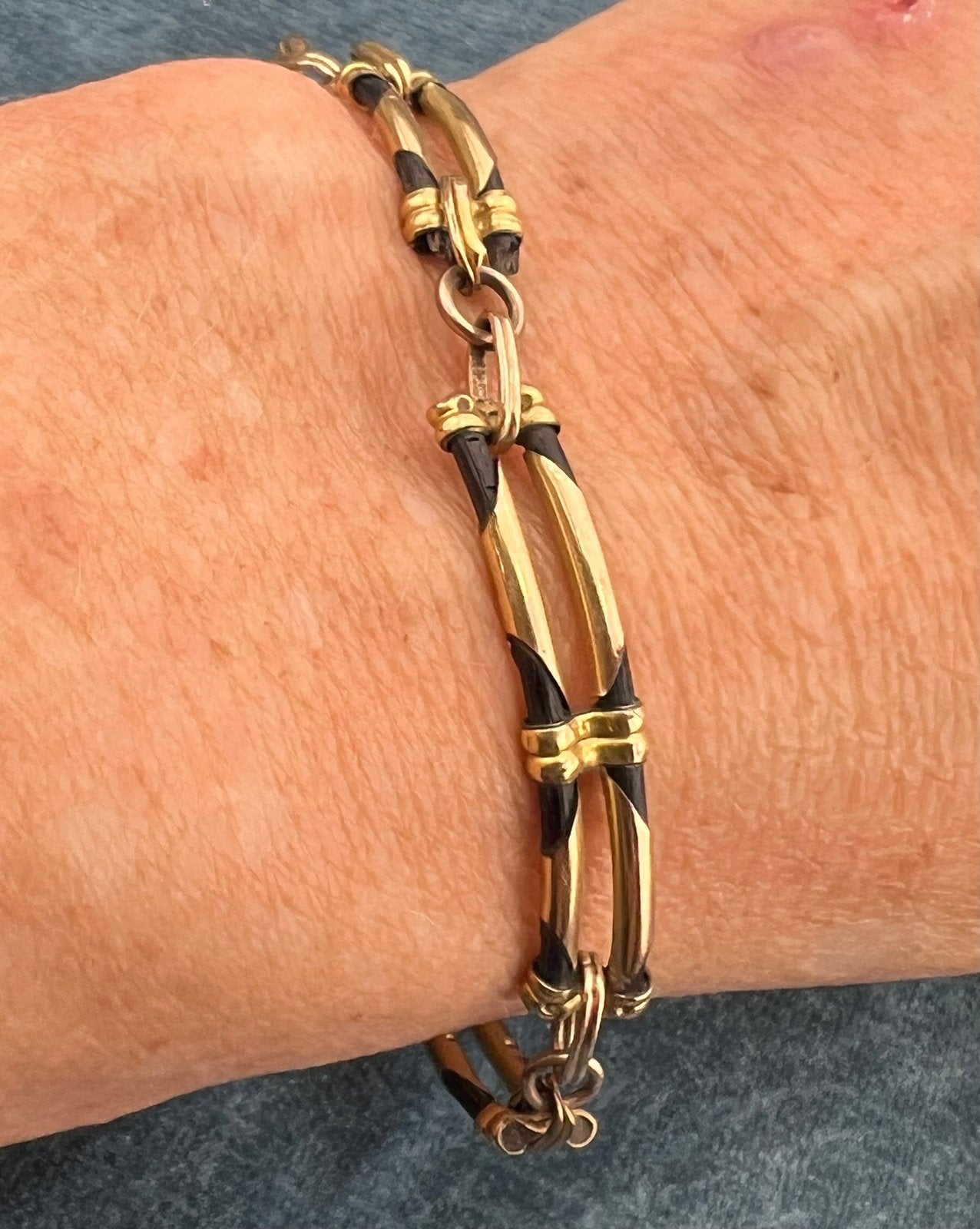 10k Yellow Gold 2 Row Black Leather Bracelet. Antique