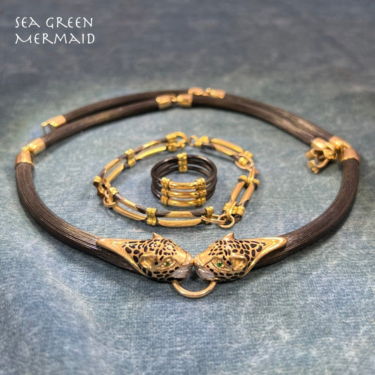 10k Yellow Gold 2 Row Black Leather Bracelet. Antique