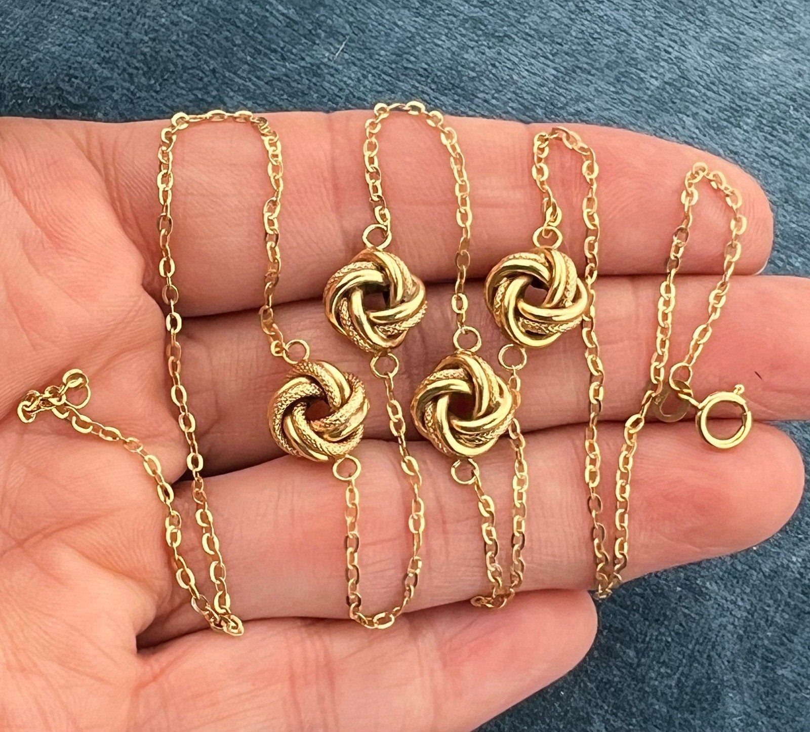 10k Yellow Gold 4 Love Knot Station Chain Necklace. Milor Italy