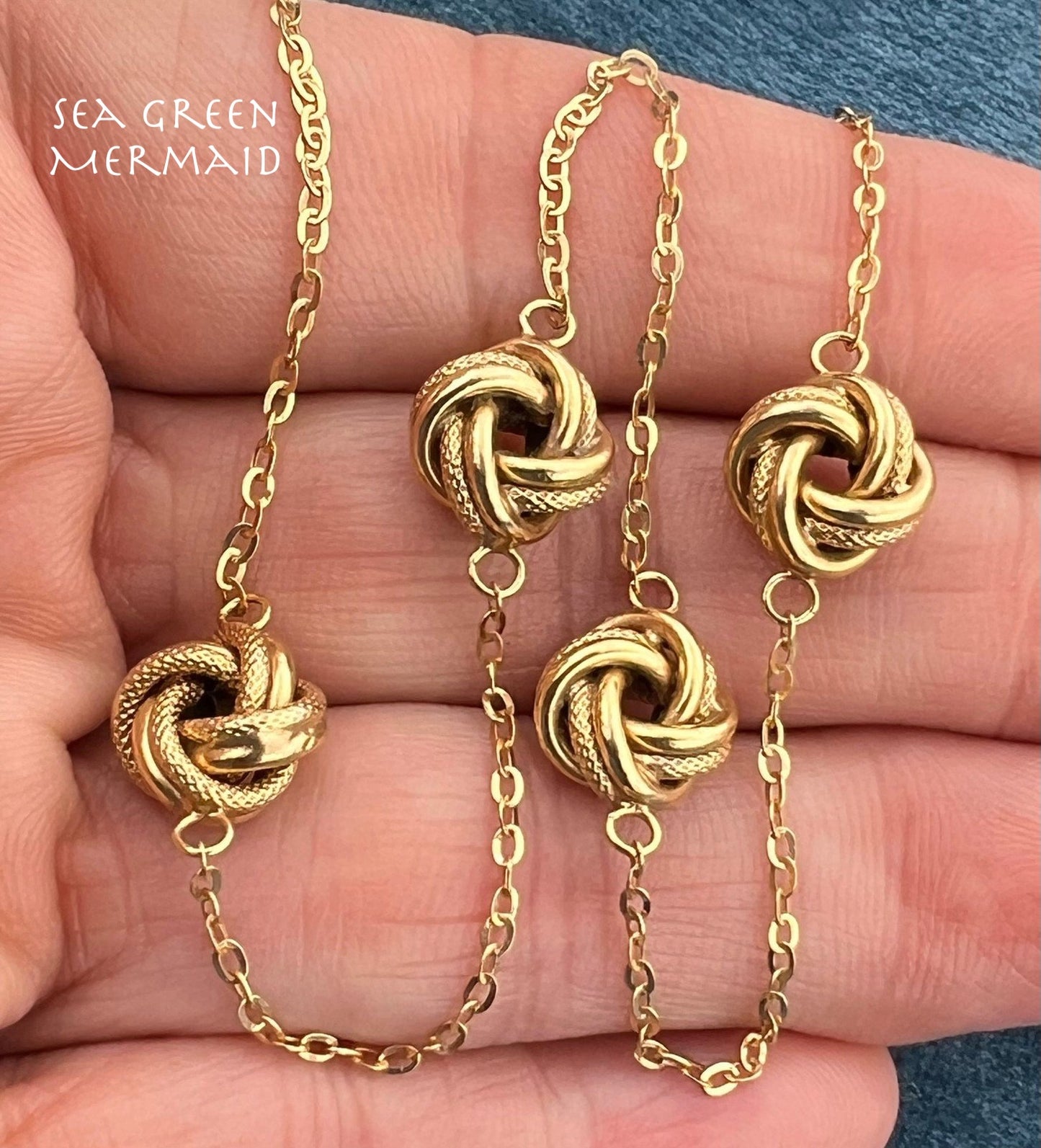 10k Yellow Gold 4 Love Knot Station Chain Necklace. Milor Italy