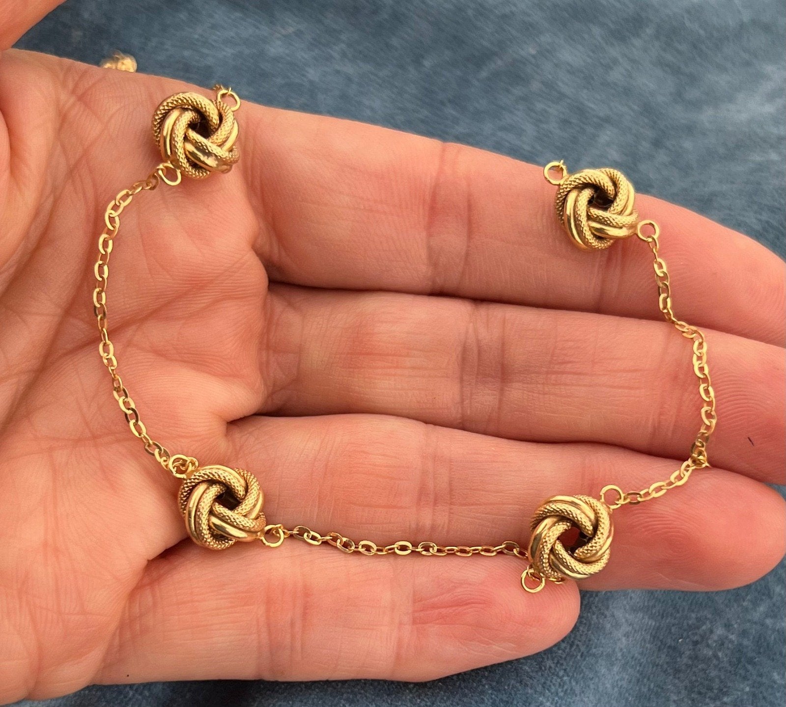 10k Yellow Gold 4 Love Knot Station Chain Necklace. Milor Italy