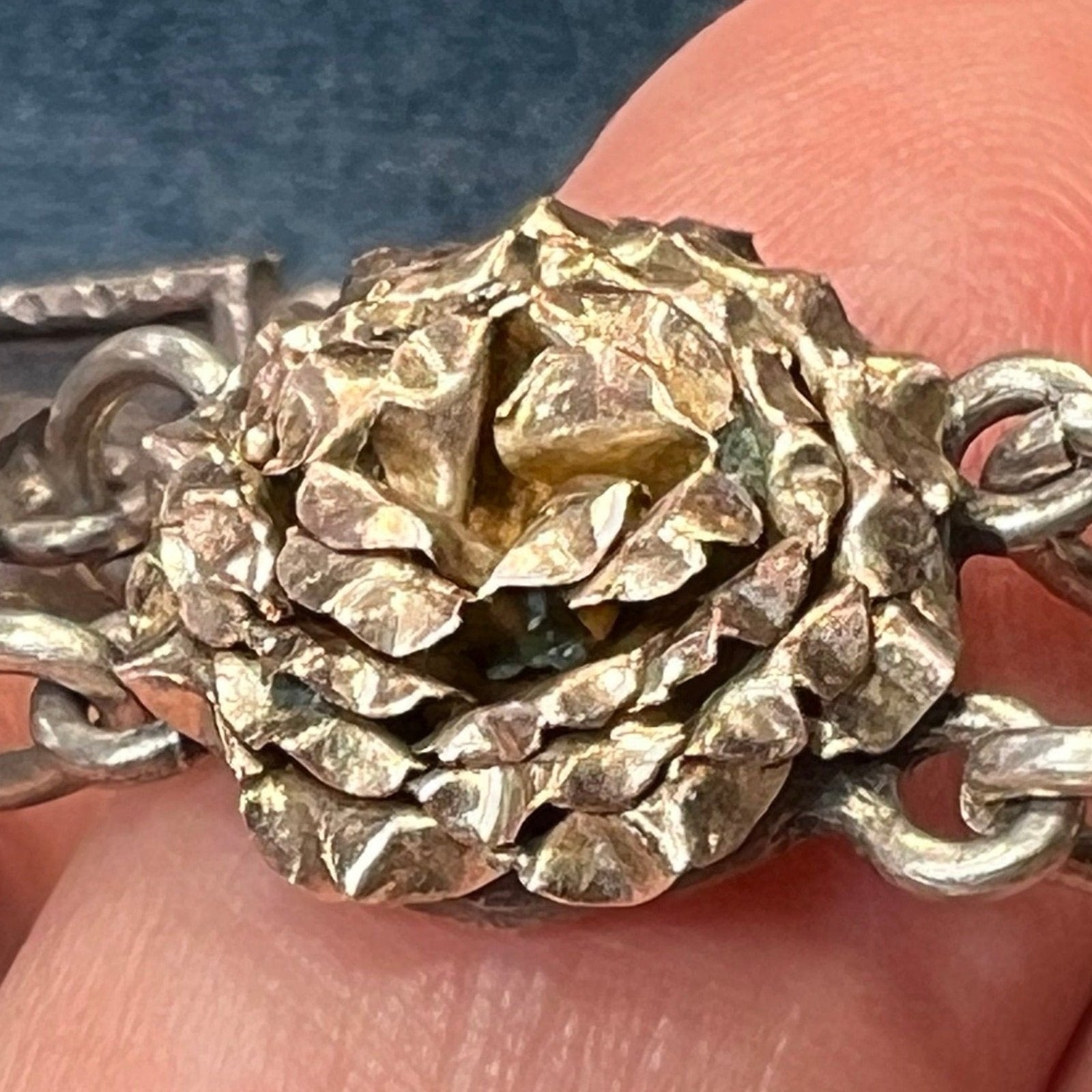 10k Yellow Gold & 925 Marcasite Wide Cabbage Rose Bracelet. 23g