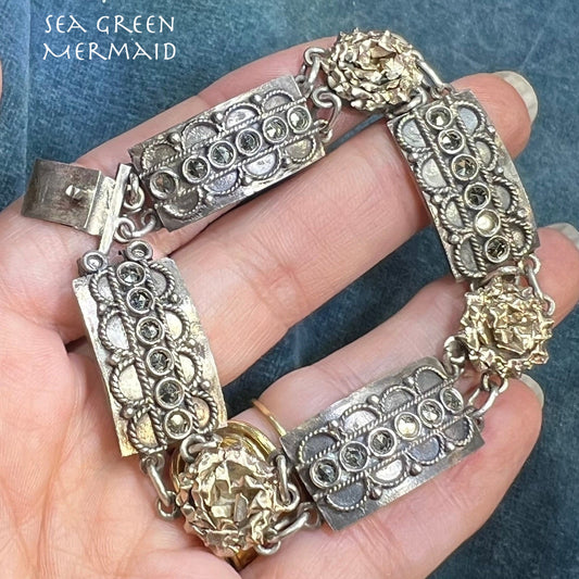 10k Yellow Gold & 925 Marcasite Wide Cabbage Rose Bracelet. 23g