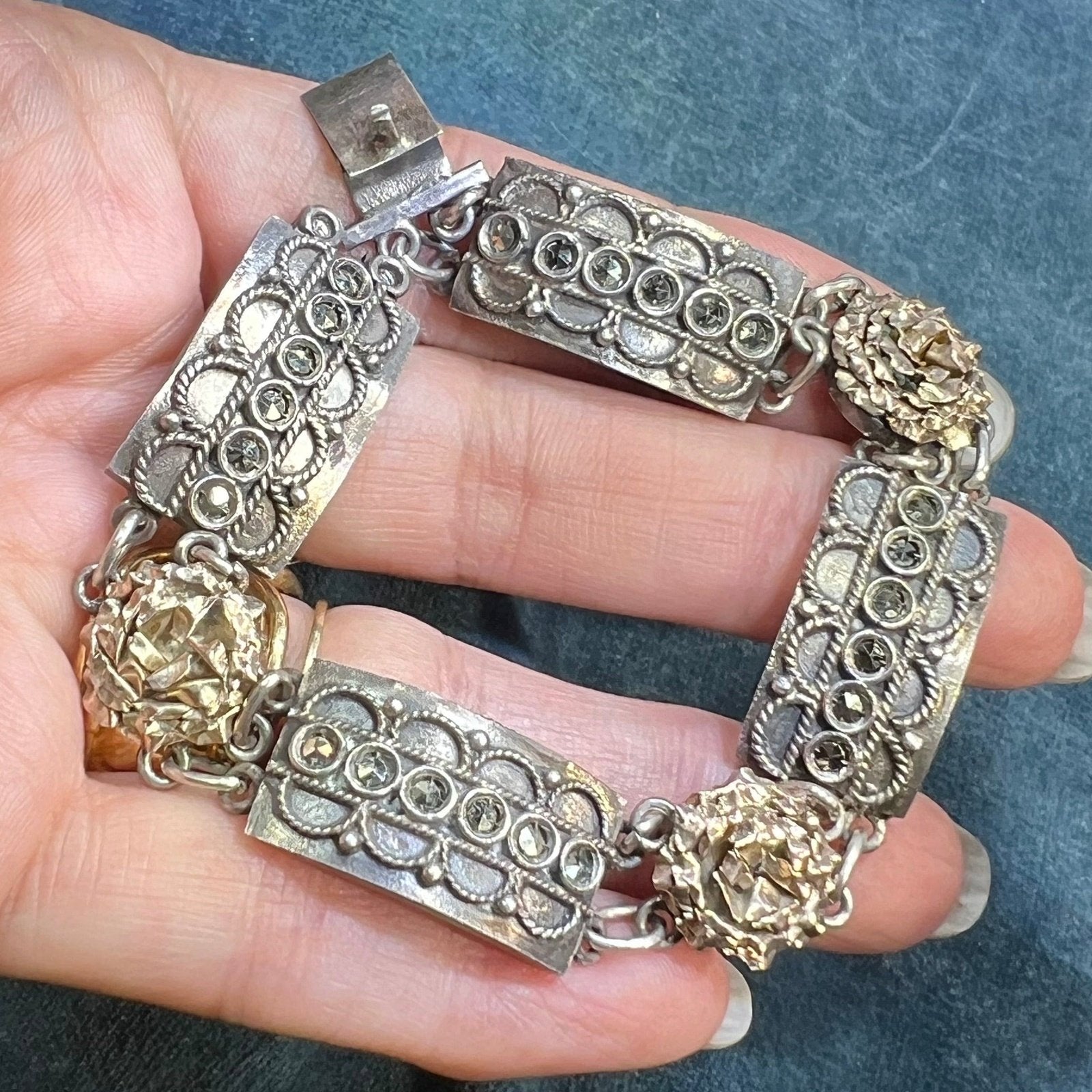 10k Yellow Gold & 925 Marcasite Wide Cabbage Rose Bracelet. 23g