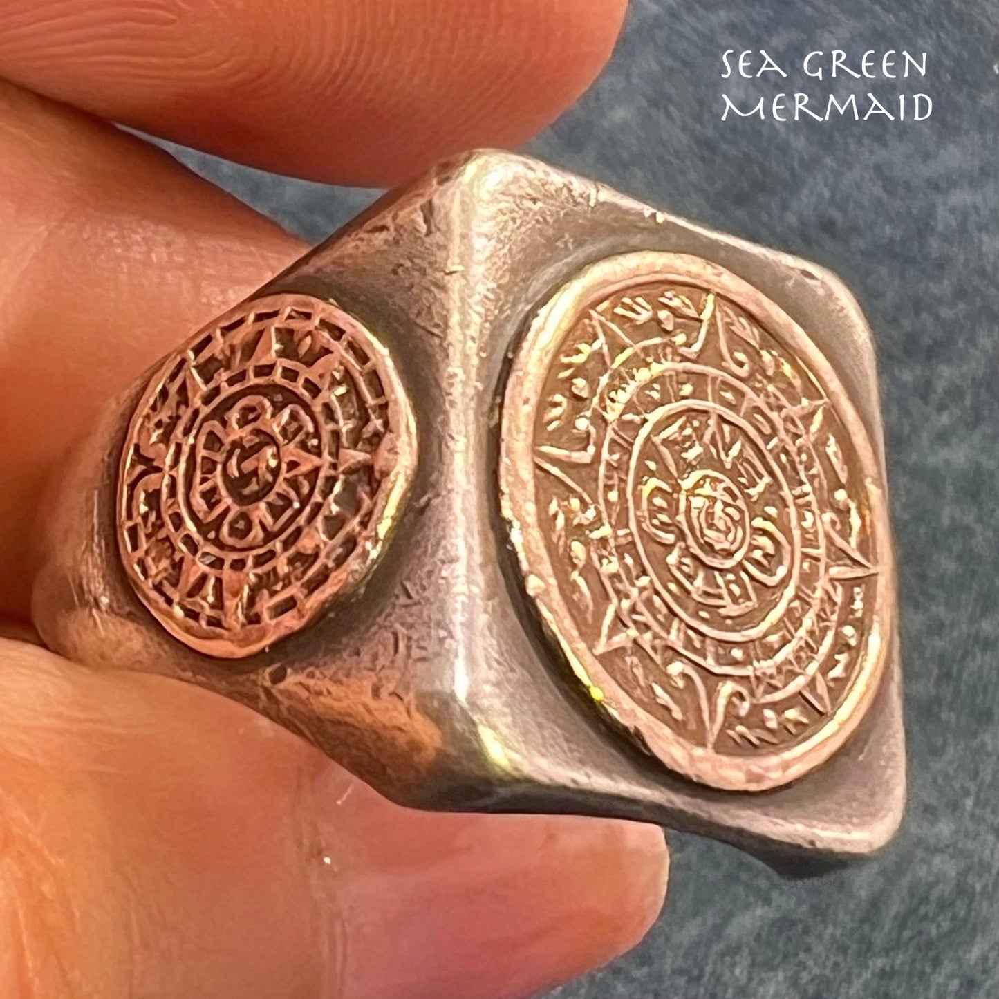 10k Yellow Gold & 925 Mayan Aztec Calendar Wide Signet Ring. 15g + 3/4"