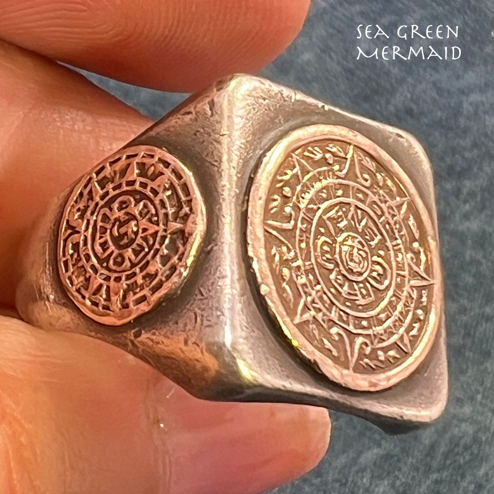 10k Yellow Gold & 925 Mayan Aztec Calendar Wide Signet Ring. 15g + 3/4"
