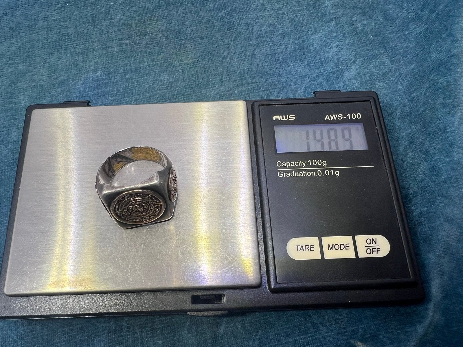 10k Yellow Gold & 925 Mayan Aztec Calendar Wide Signet Ring. 15g + 3/4"