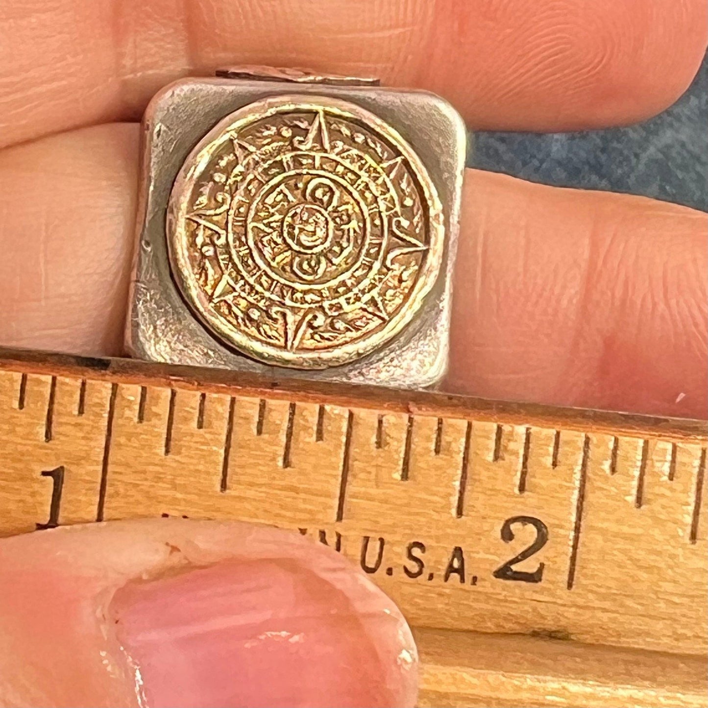 10k Yellow Gold & 925 Mayan Aztec Calendar Wide Signet Ring. 15g + 3/4"