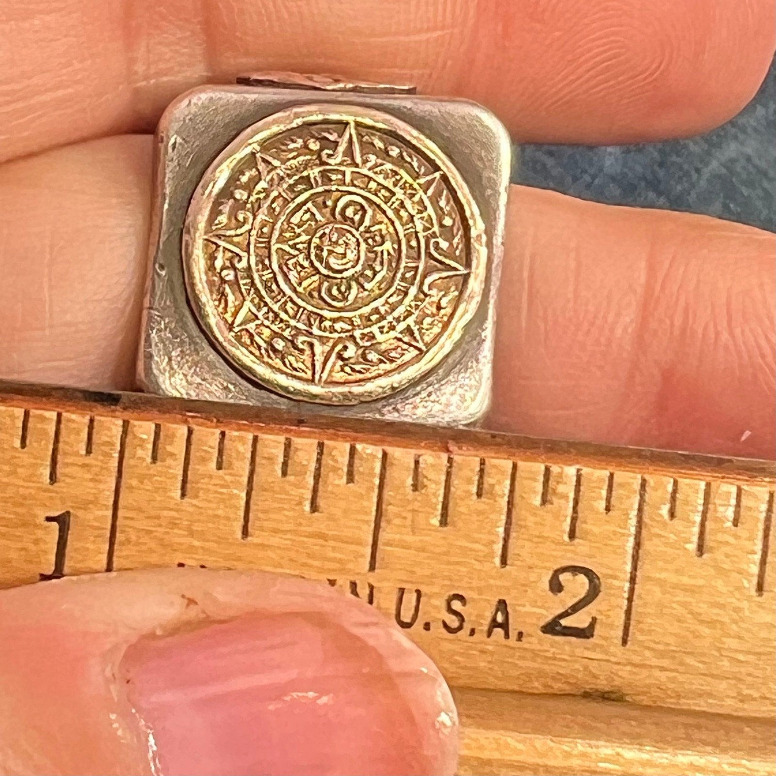 10k Yellow Gold & 925 Mayan Aztec Calendar Wide Signet Ring. 15g + 3/4"