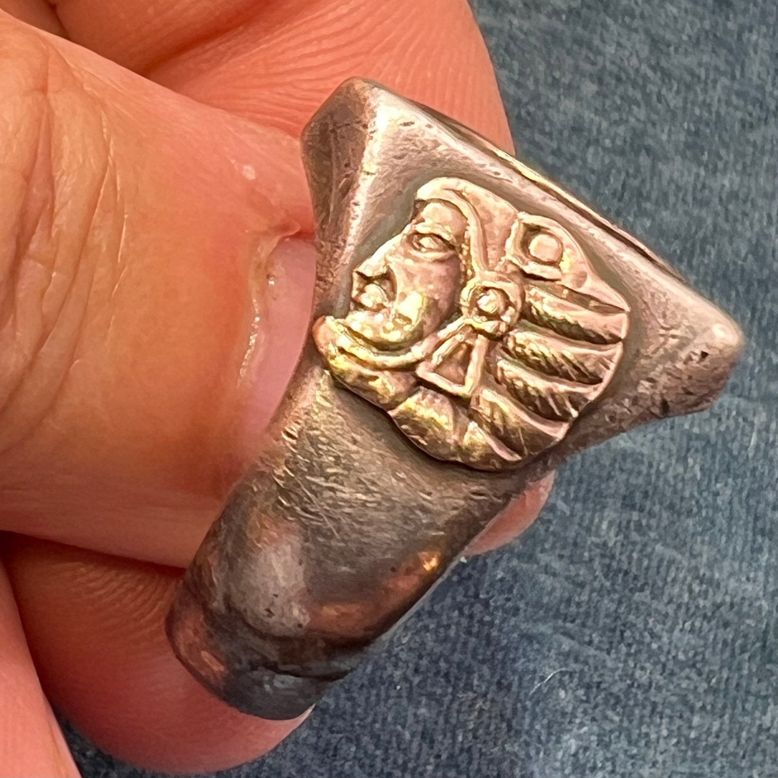 10k Yellow Gold & 925 Mayan Aztec Calendar Wide Signet Ring. 15g + 3/4"