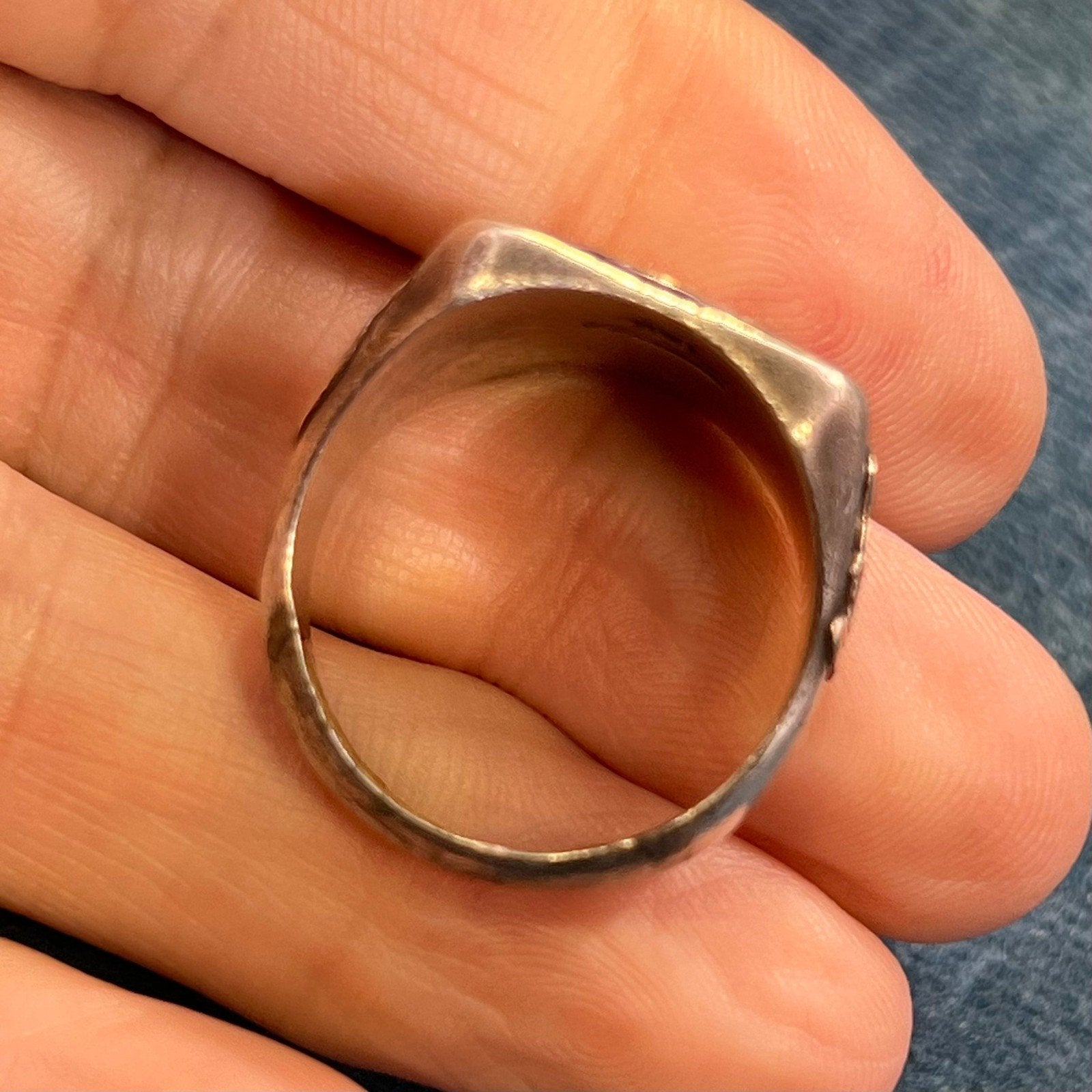 10k Yellow Gold & 925 Mayan Aztec Calendar Wide Signet Ring. 15g + 3/4"