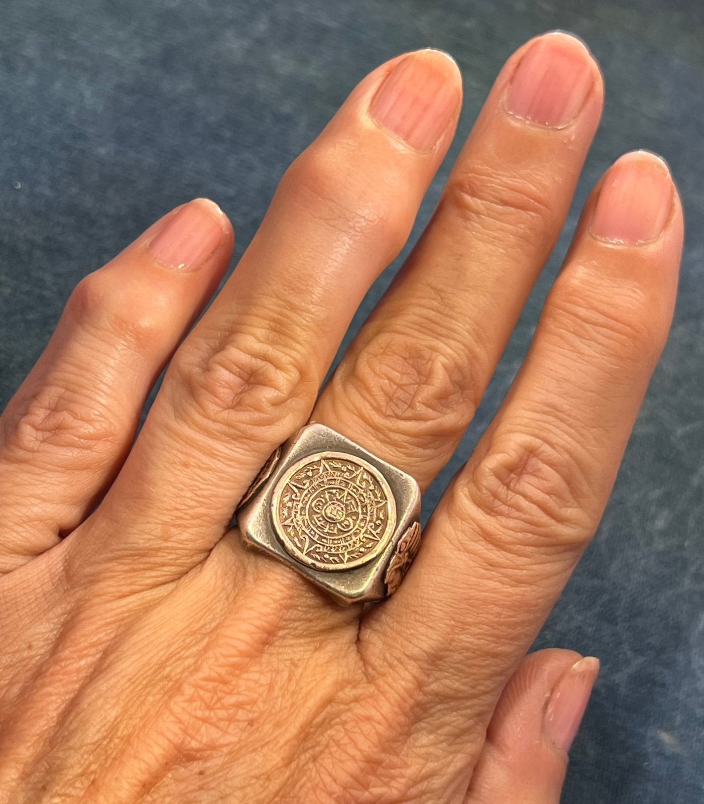 10k Yellow Gold & 925 Mayan Aztec Calendar Wide Signet Ring. 15g + 3/4"