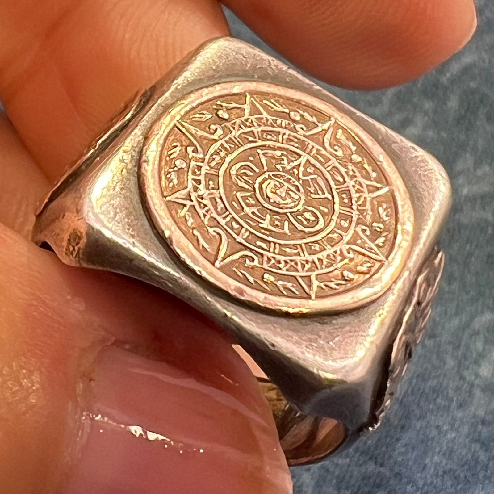 10k Yellow Gold & 925 Mayan Aztec Calendar Wide Signet Ring. 15g + 3/4"