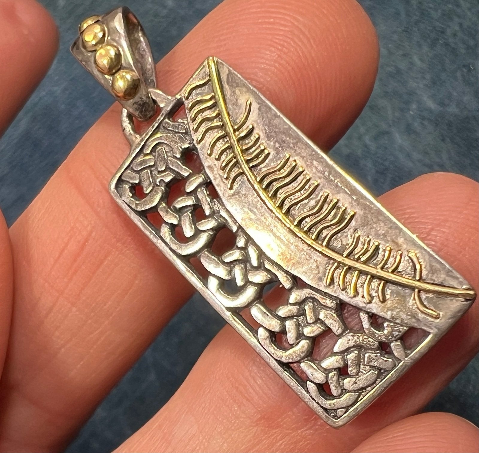 10k Yellow Gold + 925 Silver Celtic Sun Pendant. Misneach = Courage