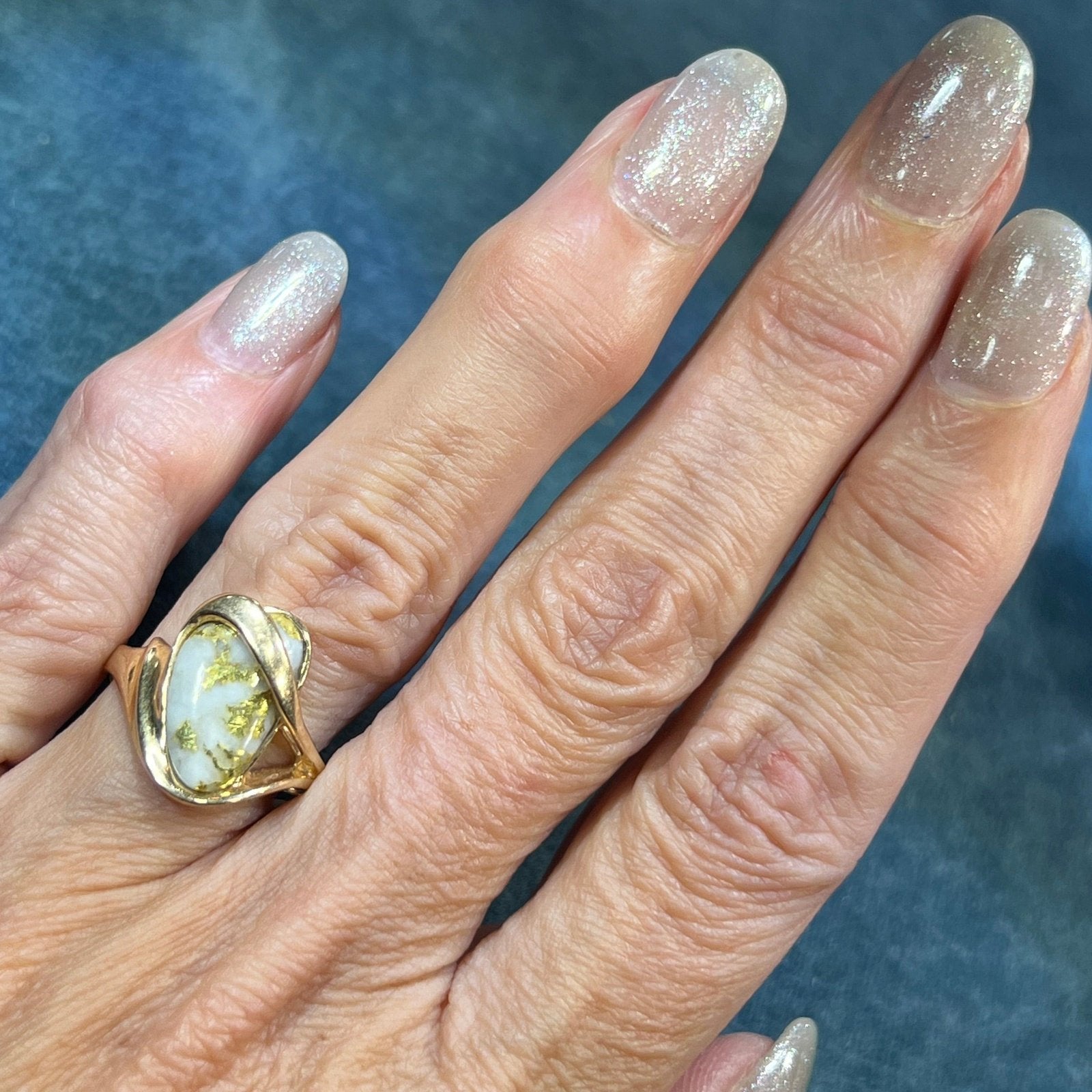 10k Yellow Gold Alaskan Gold in Quartz 24k Vein Ore Ring. 2/3" + 5g